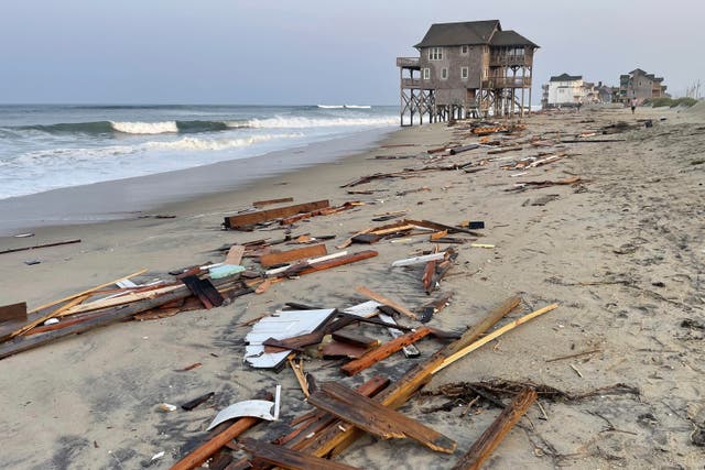 <p>Cape Hatteras National Seashore shows debris from an unoccupied beach house that collapsed into the Atlantic Ocean from winds and waves caused by Hurricane Ernesto</p>