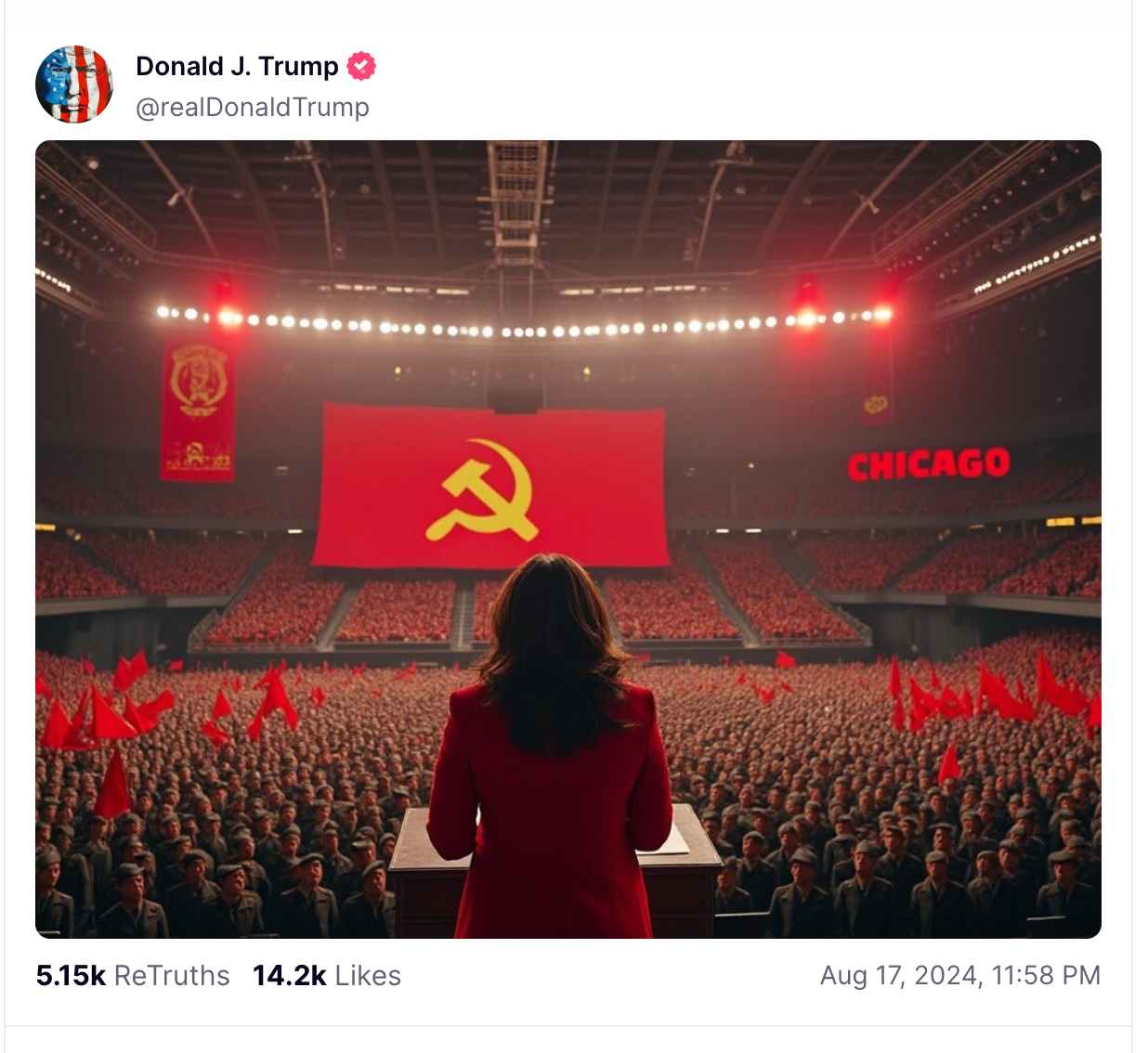 Donald Trump posted an AI-generated image of Kamala Harris presiding over a USSR-like rally after calling her a communist during a rally speech