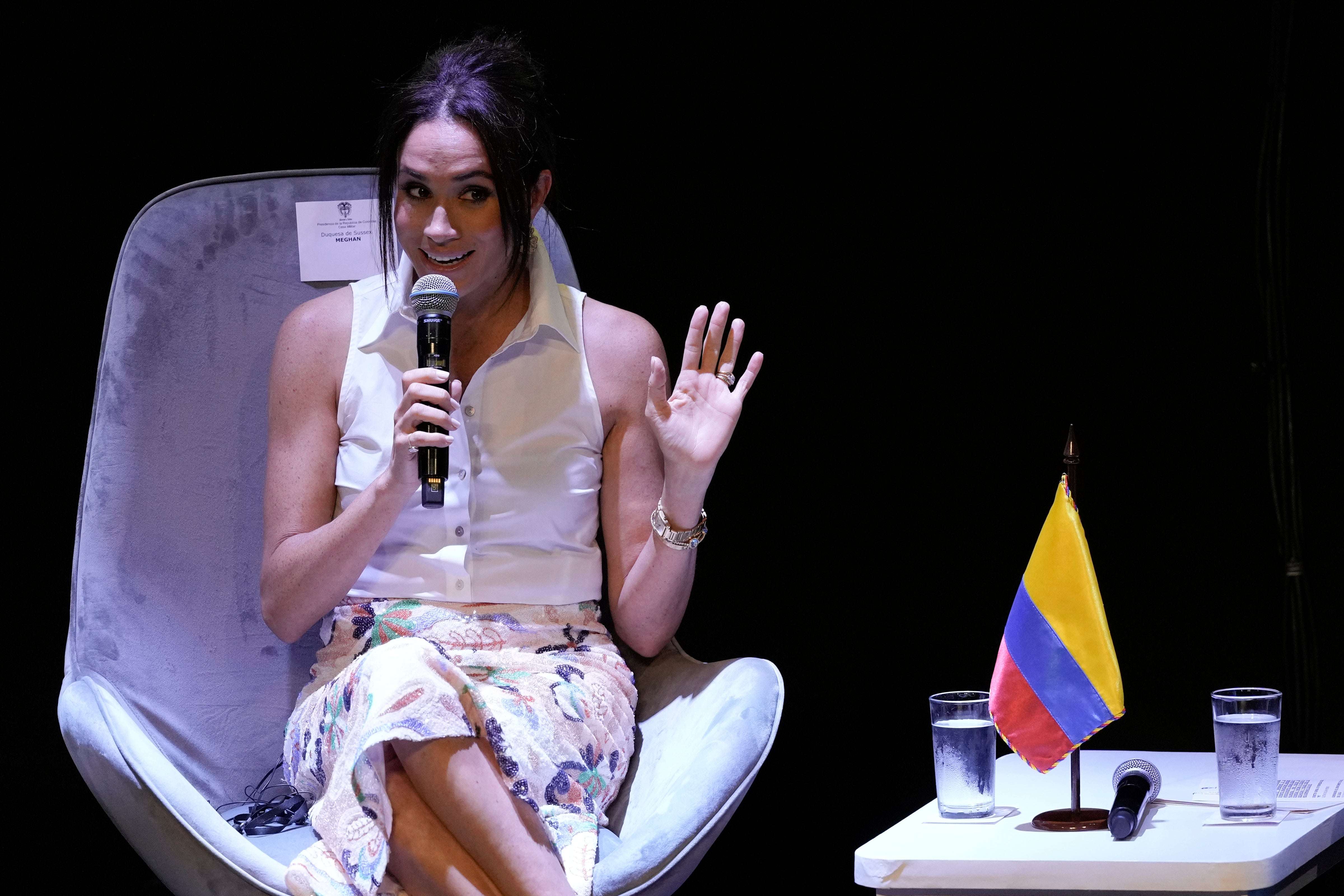 Meghan Markle, wife of Prince Harry, speaks during a forum in Cali, Colombia