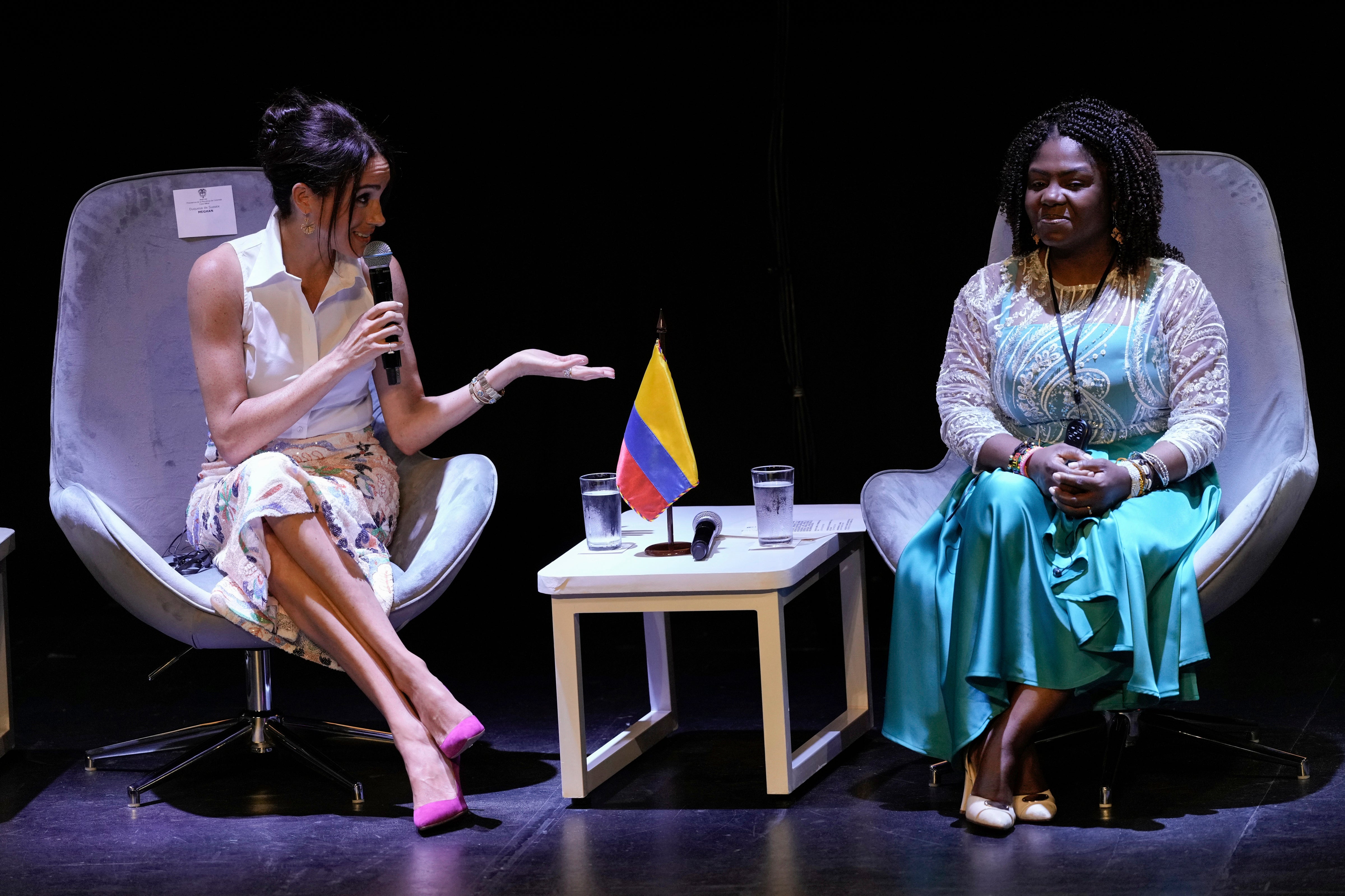 Meghan speaks during a forum on black women and power alongside Colombian Vice President Francia Marquez. (Ivan Valencia/AP)