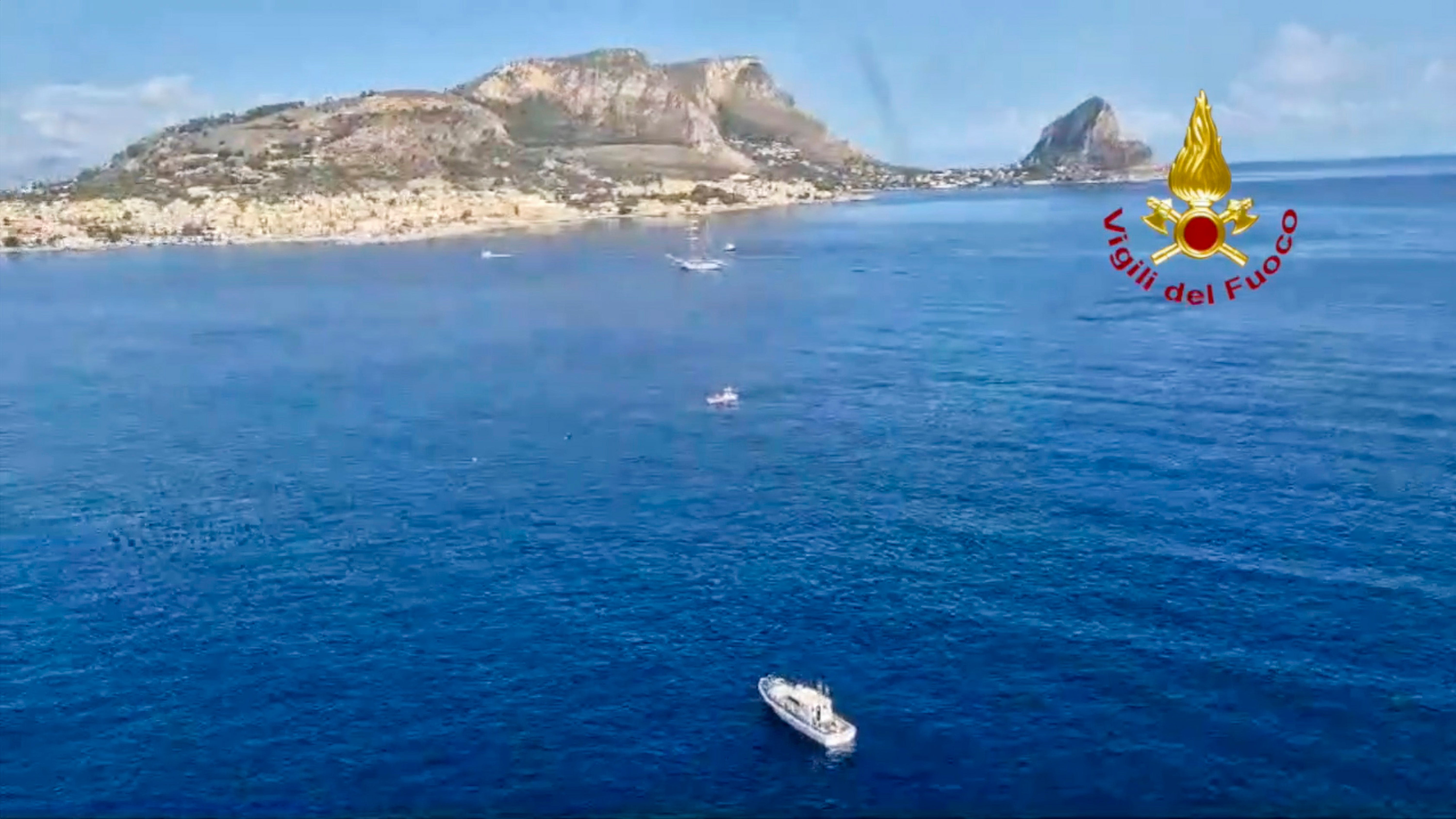 A picture taken from video released by the Italian firefighters on Monday showing the stretch of sea near Palermo where the sail yacht Bayasian sank