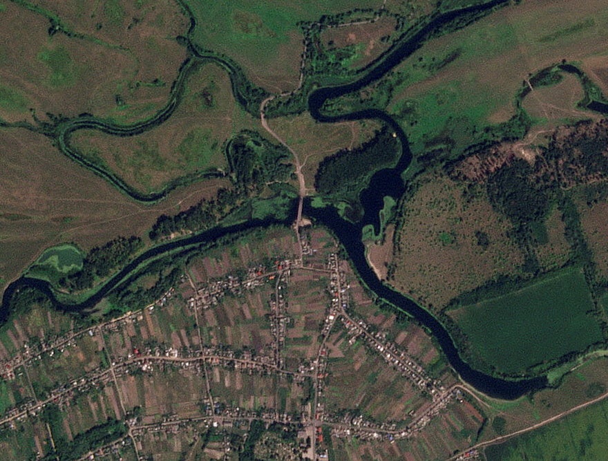 A satellite image shows a strategic bridge over the Seym River that was destroyed in Zvannoe over the weekend