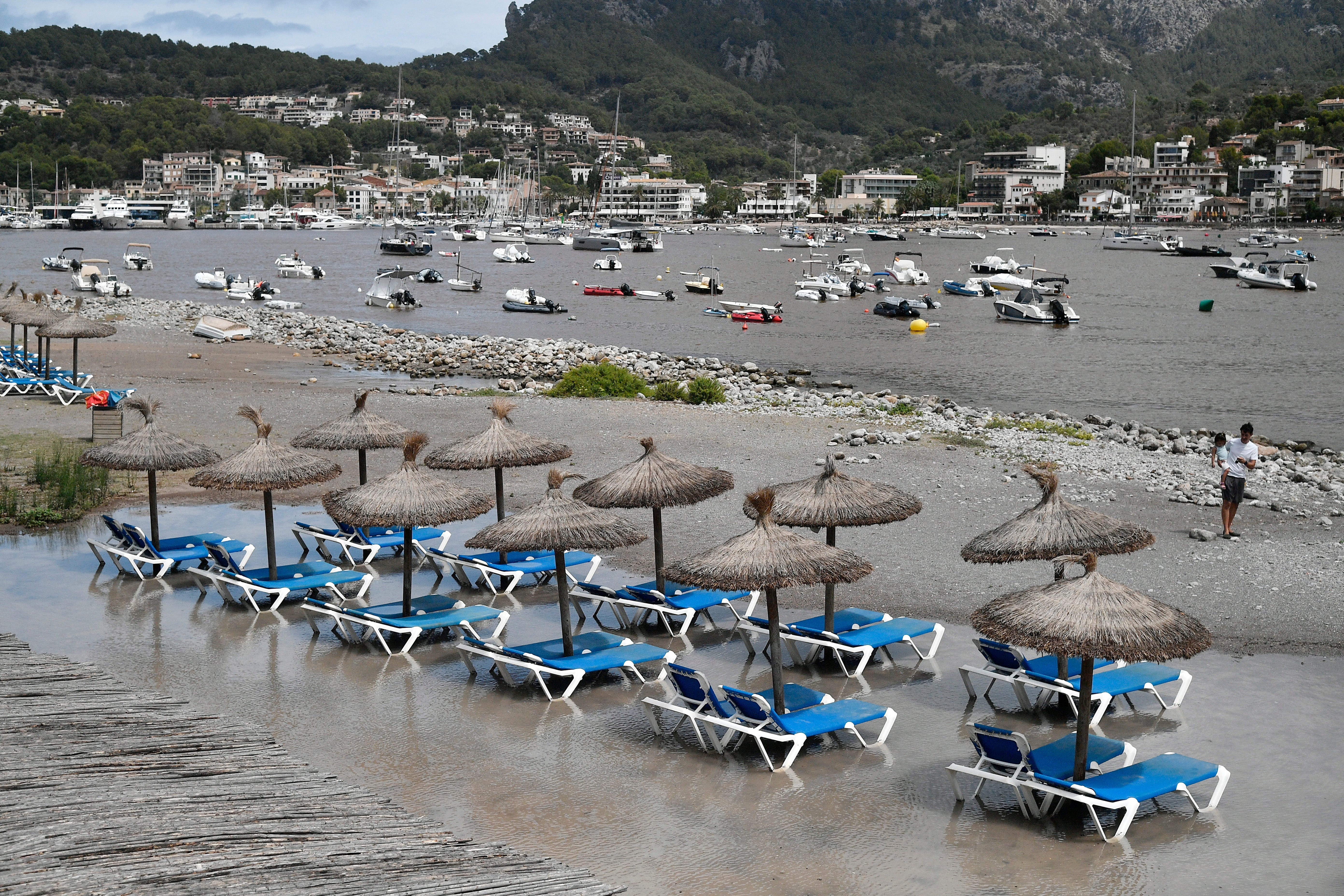 A view of a flooded beach in Soller, Mallorca island, Balearics, Spain