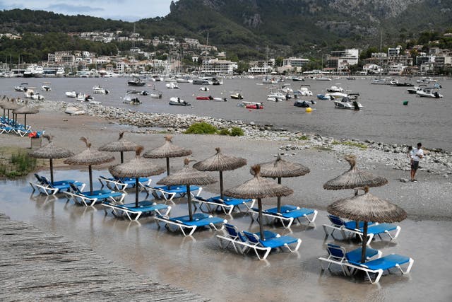 <p>A view of a flooded beach in Soller, Mallorca island, Balearics, Spain</p>