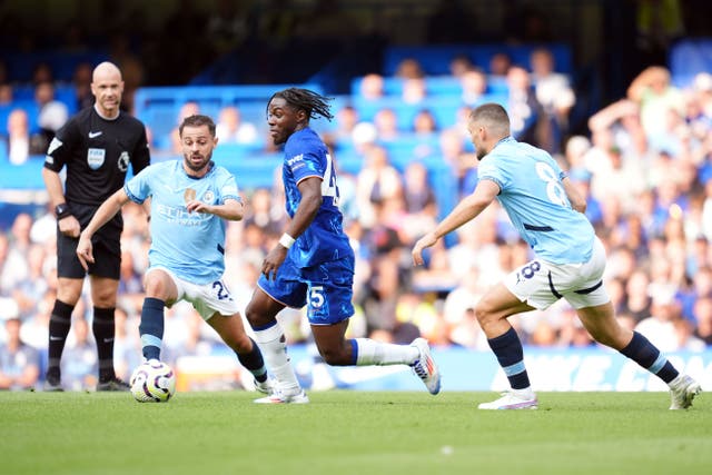 Romeo Lavia, centre, played in Chelsea’s defeat to Manchester City (Adam Davy/PA)