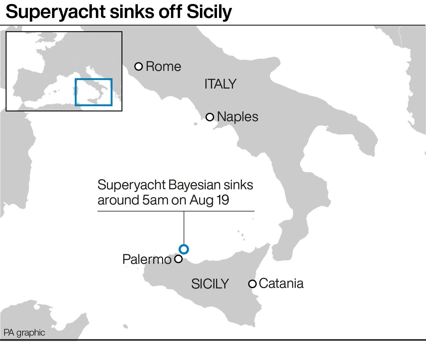 Mapa pokazująca miejsce zatonięcia jachtu Bayesa u wybrzeży Sycylii