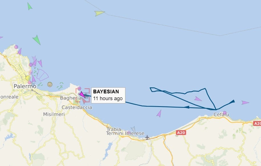 The route of the Bayeasian yacht in its last hours before the storm