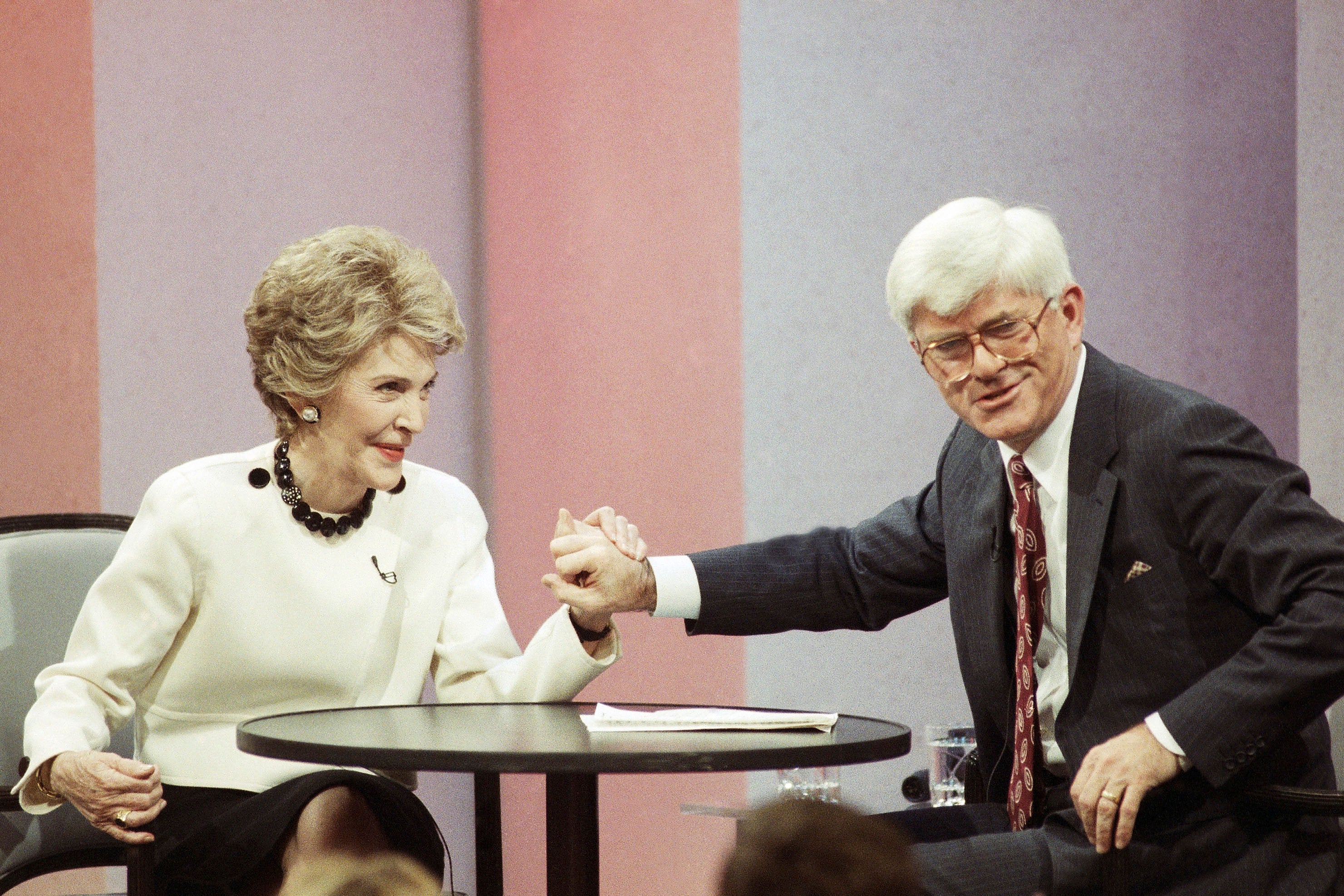 Donahue appears with former first lady Nancy Reagan during taping of his show on November 6, 1989