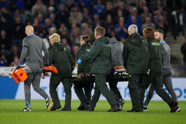 Rodrigo Bentancur was taken off on a stretcher during Tottenham’s 1-1 draw at Leicester (Bradley Collyer/PA)