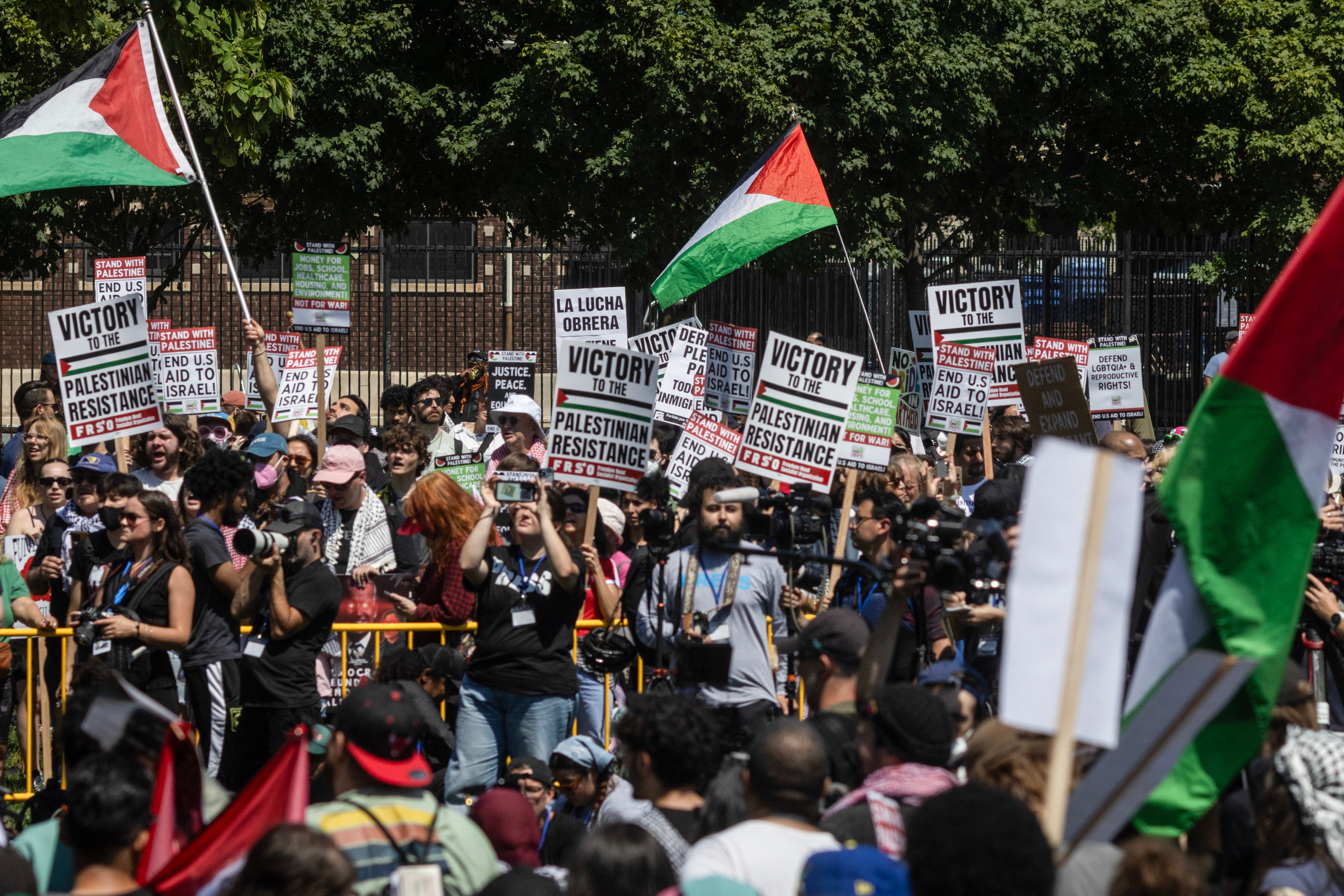 Pro-Palestine protesters in Union Park prepare to march before the start of the Democratic National Convention (DNC) in Chicago, Illinois, on August 19, 2024