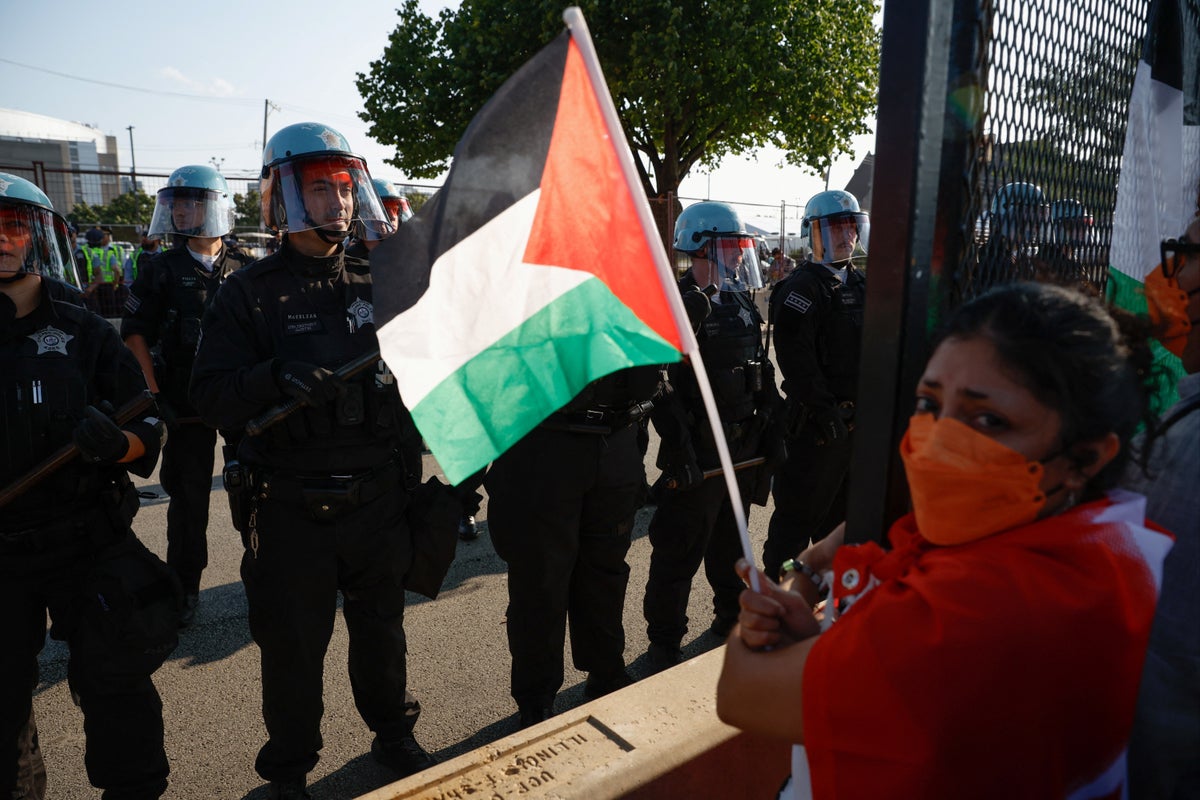 Pro-Palestine protesters tear down security fence at Democratic Convention center as thousands take to the streets