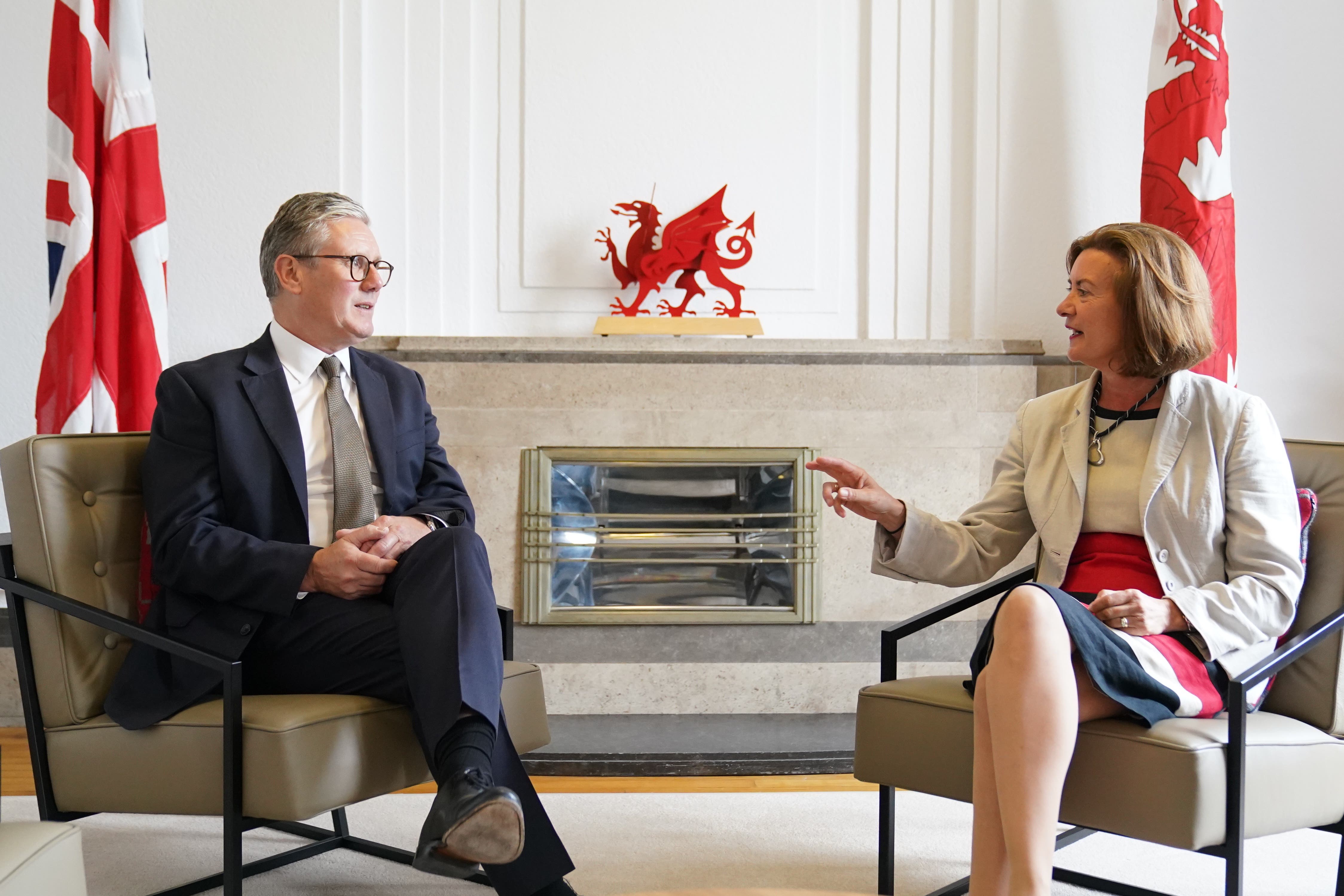 Keir Starmer meets first minister of Wales Eluned Morgan during a visit to Cathays Park in Cardiff