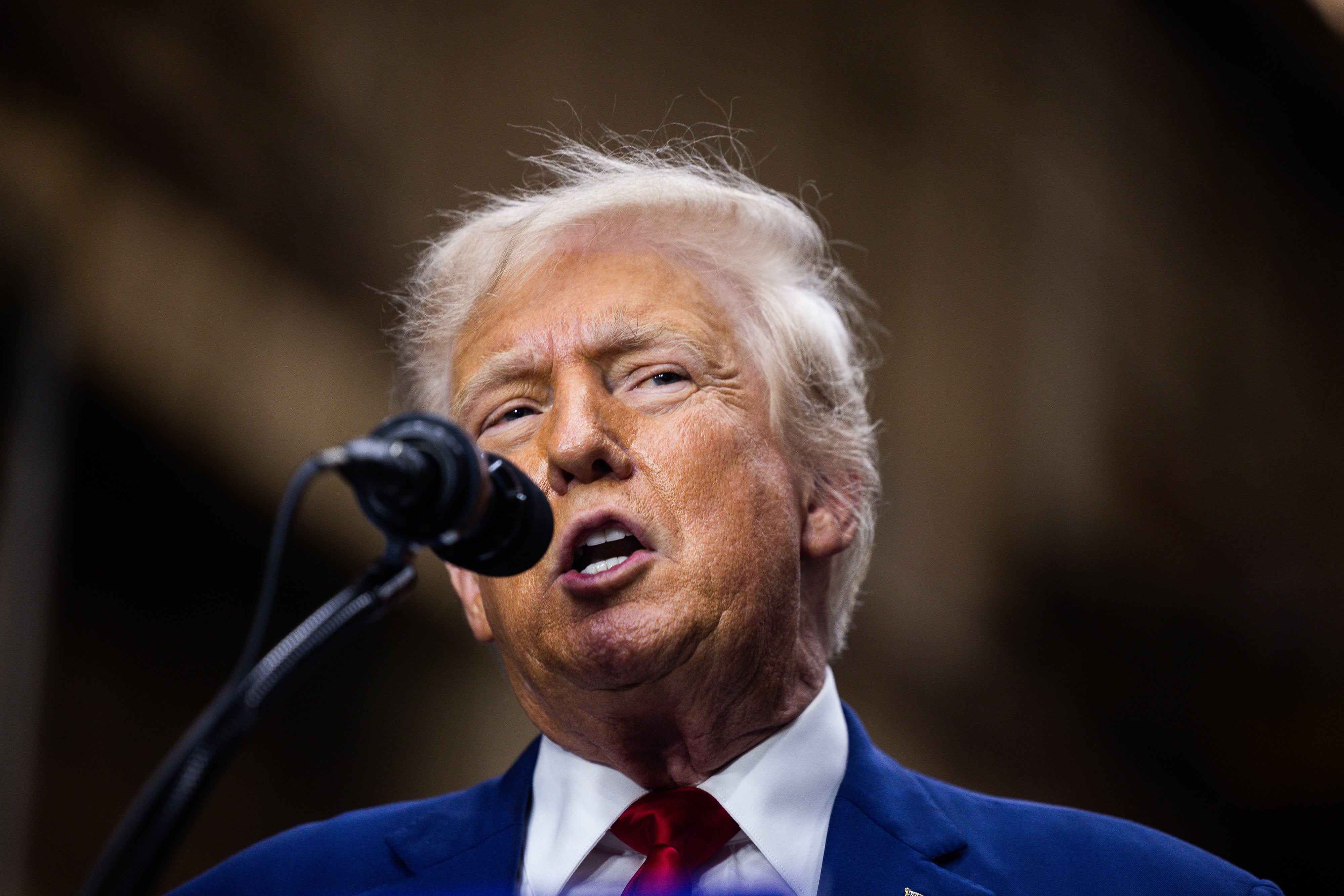 Republican Presidential nominee, former president Donald J. Trump remarks during a campaign event at Precision Custom Components on 19 August 2024 in York, Pennsylvania