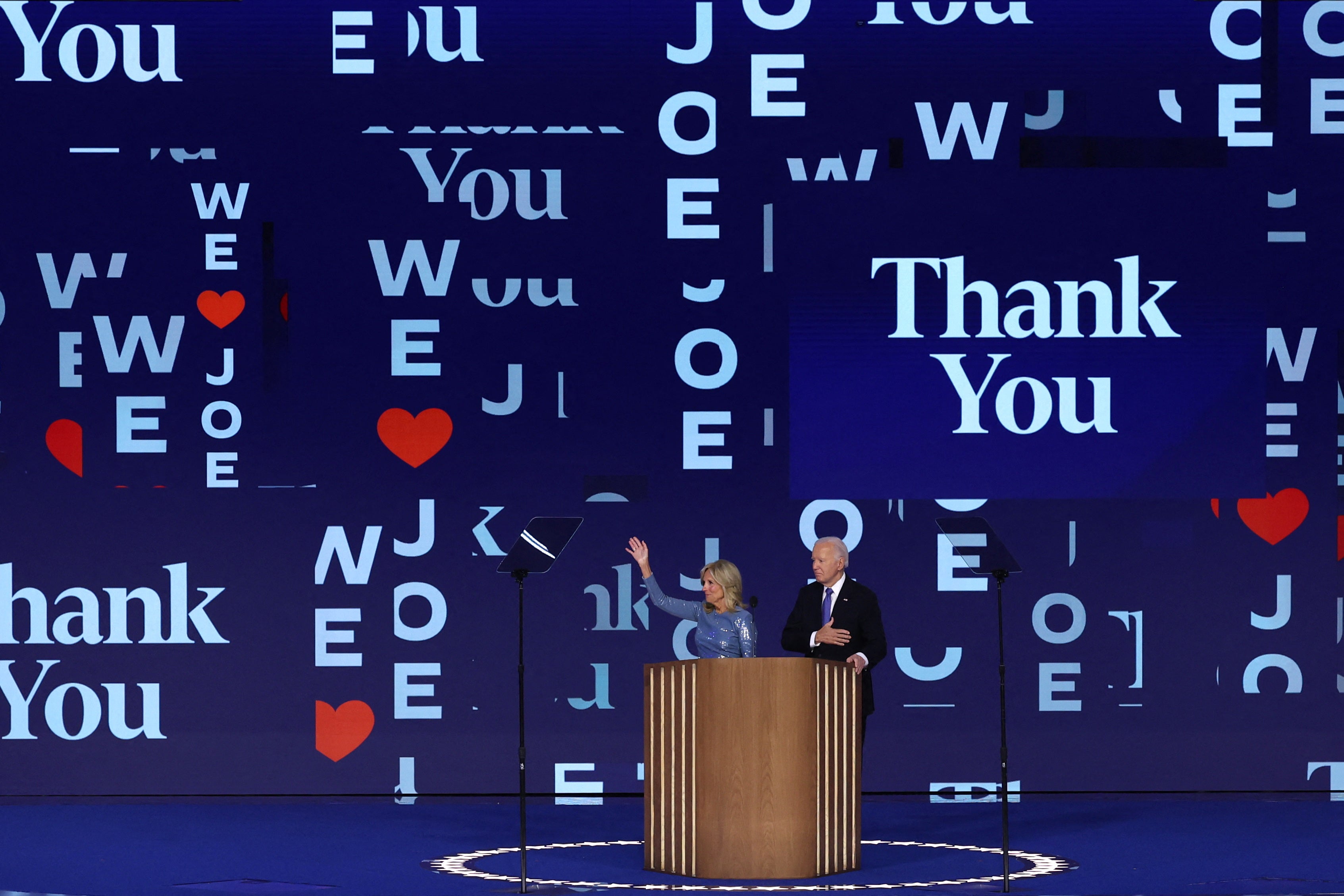 Joe Biden and Jill Biden address supporters at the Democratic National Convention on August 19.