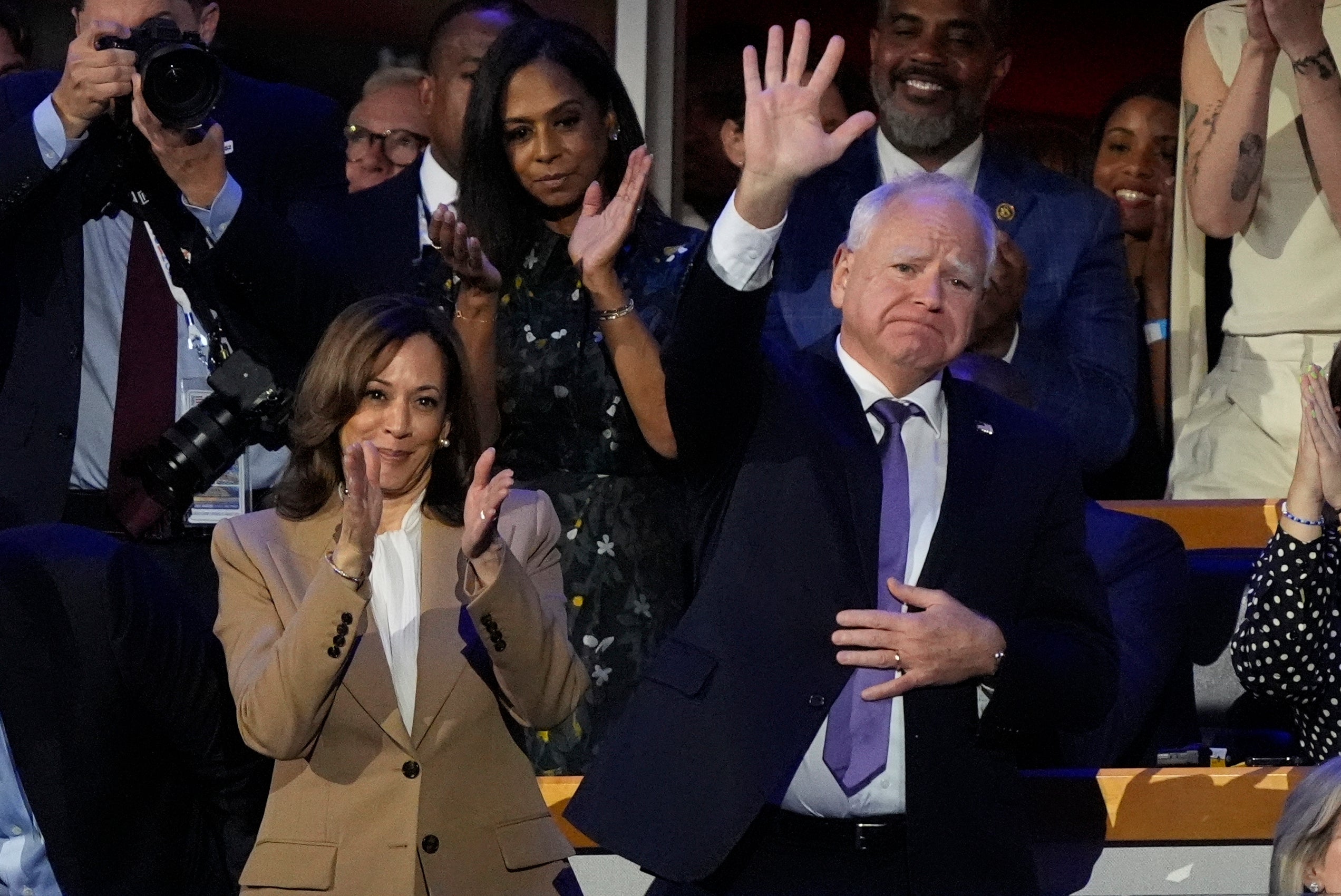 Tim Walz with Kamala Harris on the opening night of this year’s DNC