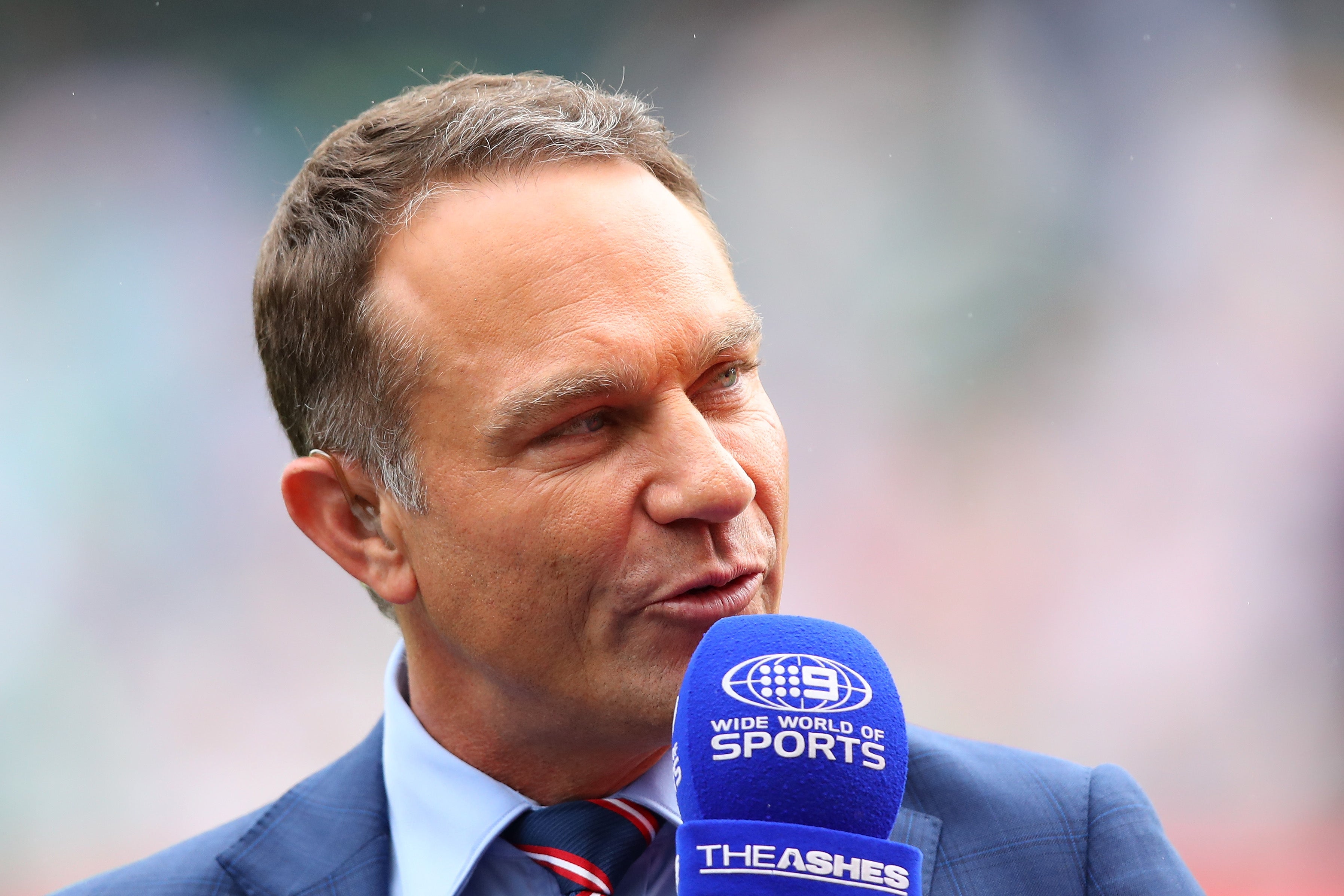 Commentator and former Australian crickter Michael Slater talks during day one of the Fifth Test match