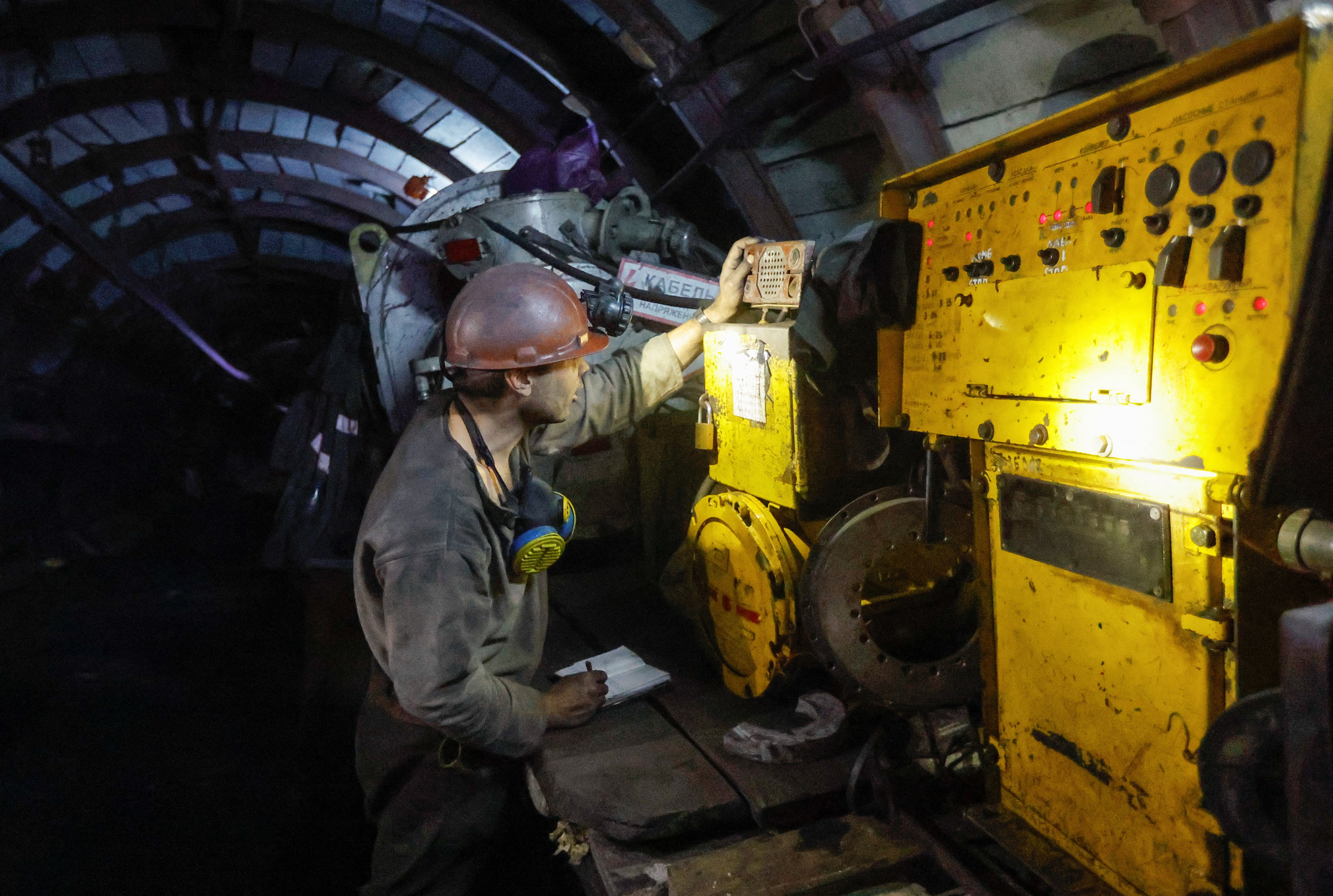 A miner works at the Komsomolets of Donbas coal mine in the settlement of Kirovskoye (Khrestivka) in the Donetsk region