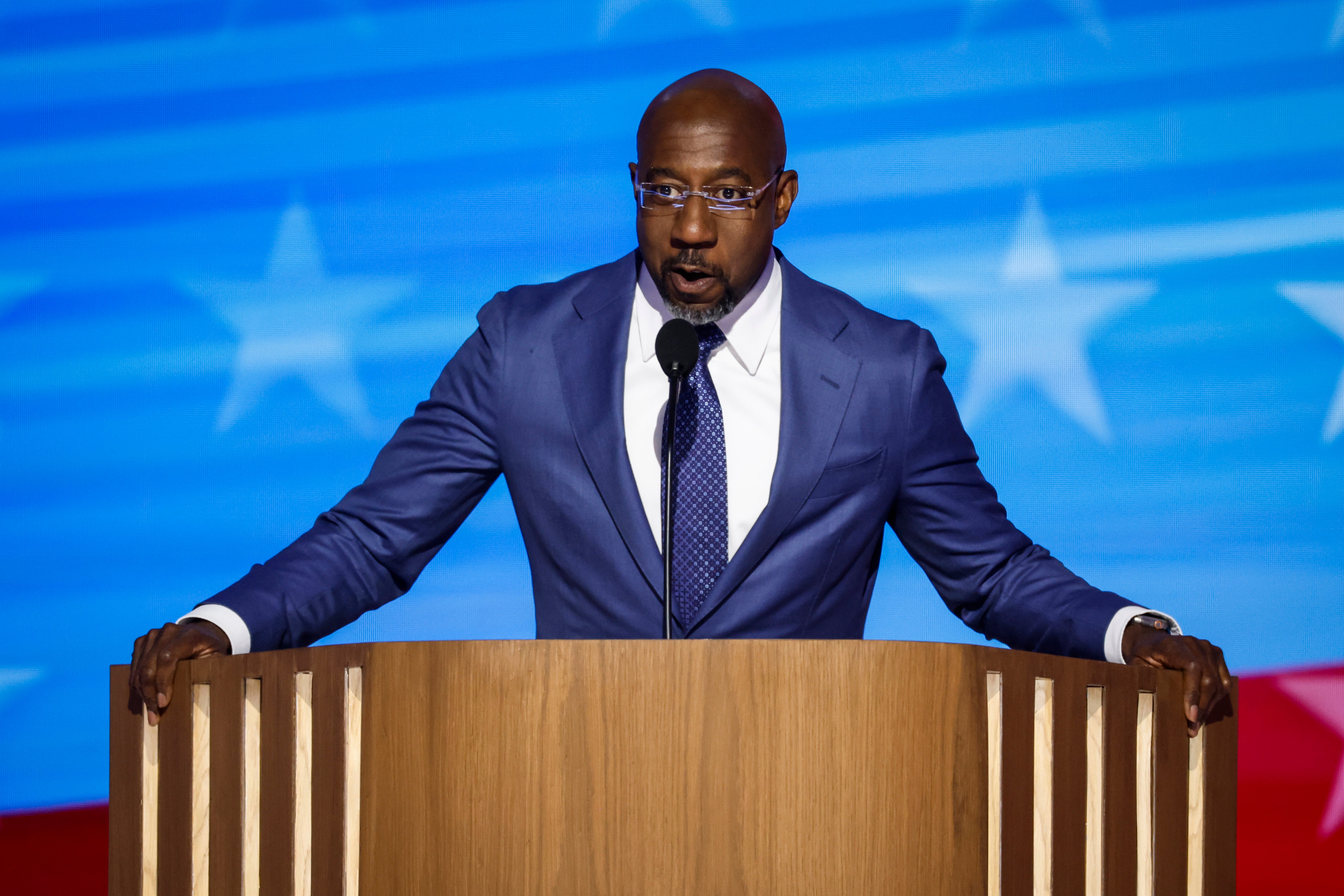 Sen. Raphael Warnock (D-GA) spoke onstage during the first day of the Democratic National Convention and was one of two speeches to mention Palestinians.