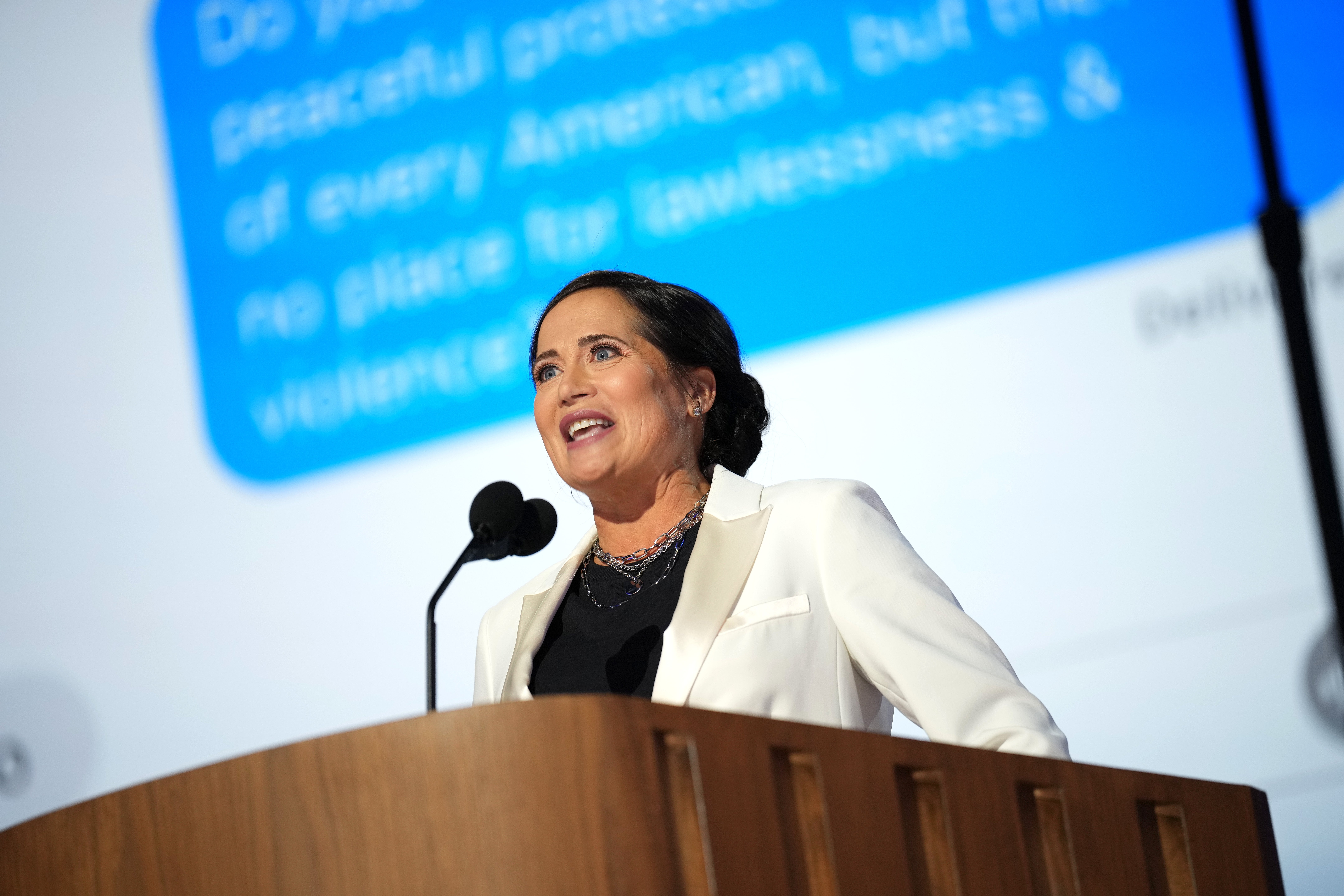 Former Trump White House Press Secretary Stephanie Grisham speaks on stage during the second day of the Democratic National Convention at the United Center on August 20, 2024 in Chicago, Illinois