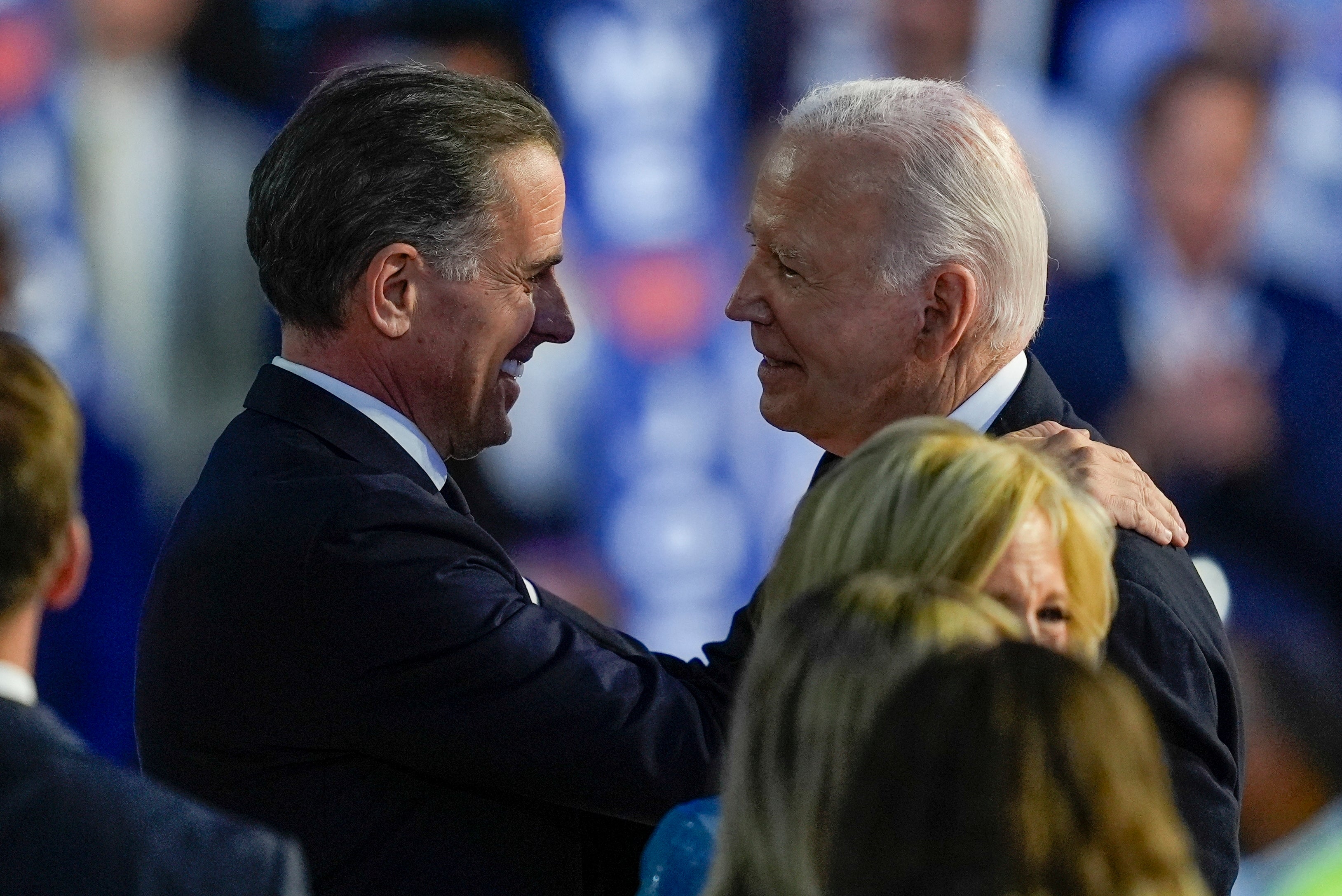 President Joe Biden and his son Hunter Biden hug on stage at the DNC. Trump falsely claimed Mark Zuckerberg was pressured by the White House to suppress stories about Hunter’s laptop