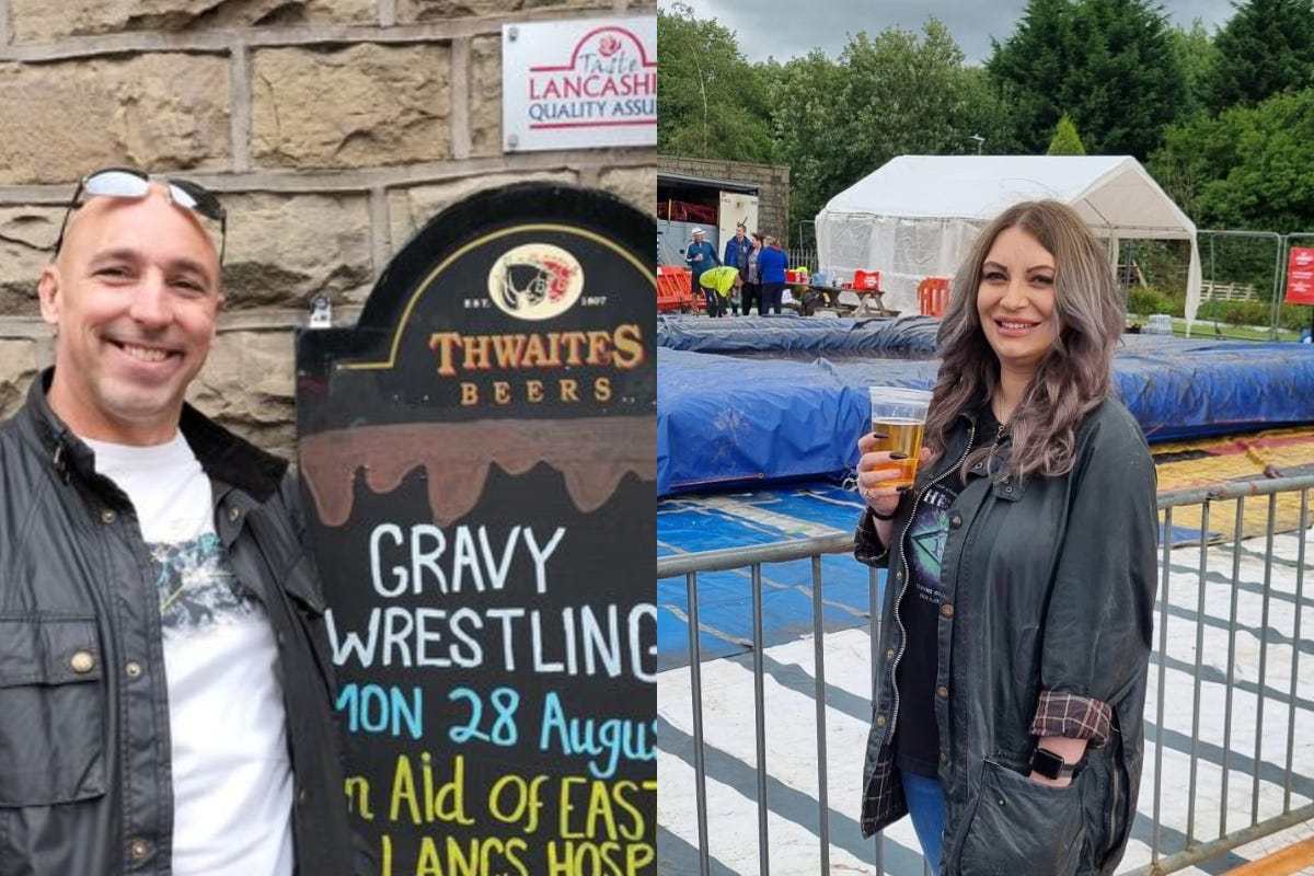 (from left to right) Phil Rowland and Hannah Havard at previous World Gravy Wrestling Championships (Phil Rowland/Hannah Havard/PA)