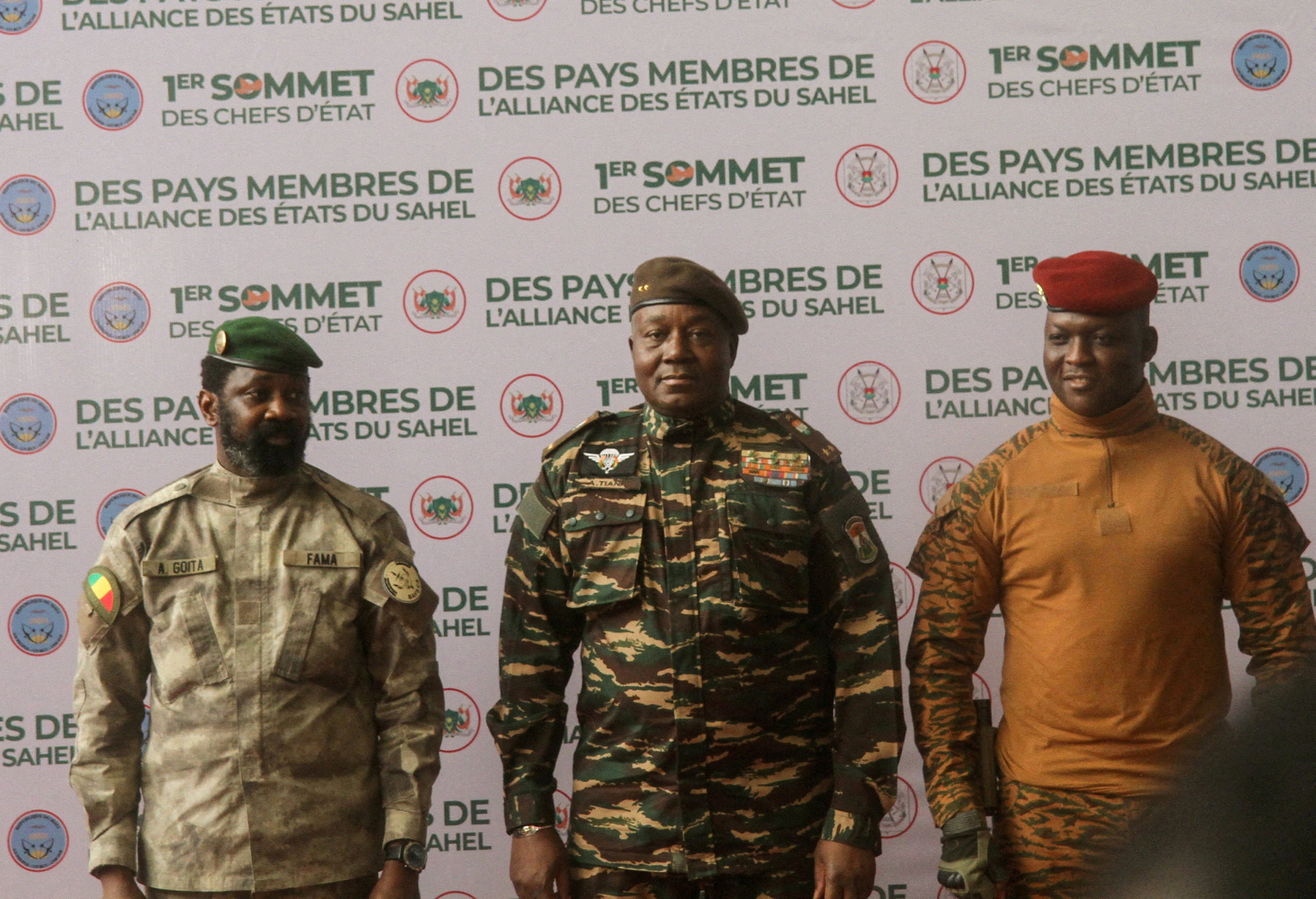 Heads of state of Mali, Assimi Goita, Niger, General Abdourahamane Tiani and Burkina Faso, Captain Ibrahim Traore, pose for photographs during the first ordinary summit of heads of state and governments of the Alliance of Sahel States