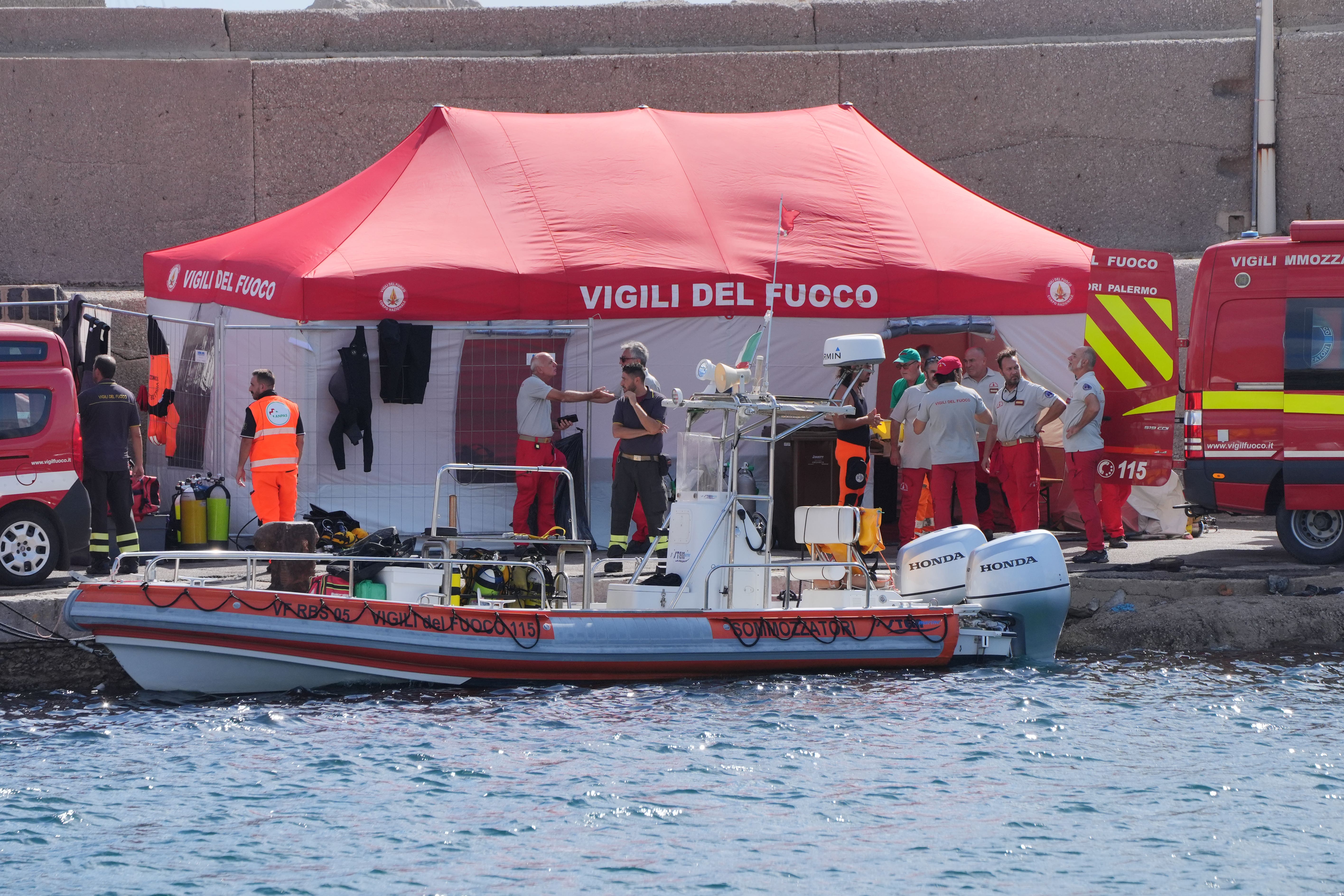 Search crews have carried out further inspections of a luxury yacht that sank in a storm off the coast of Sicily as the hunt for six people feared trapped in the vessel continues (Jonathan Brady/PA)