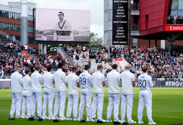 <p>England paid tribute to Graham Thorpe before their Test against Sri Lanka</p>