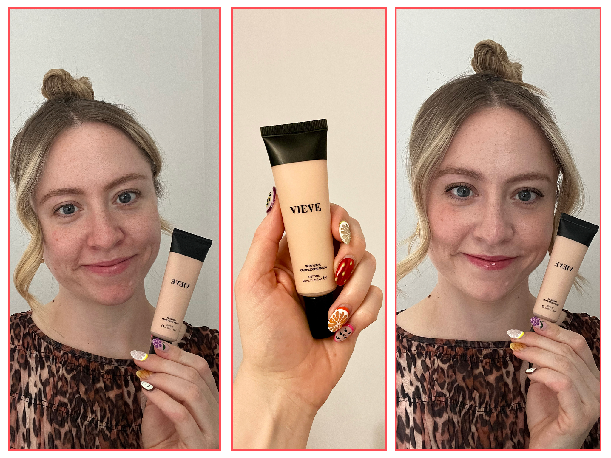 Our tester before and after trying out the Vieve skin nova complexion balm