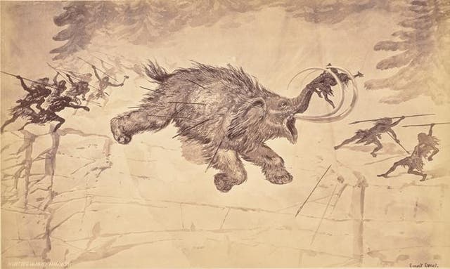 <p>An engraving of ancient humans hunting woolly mammoth</p>