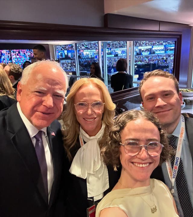 <p>Kerstin ​​shared a selfie with Harris’s running mate Tim Walz and her children Ella and Cole</p>