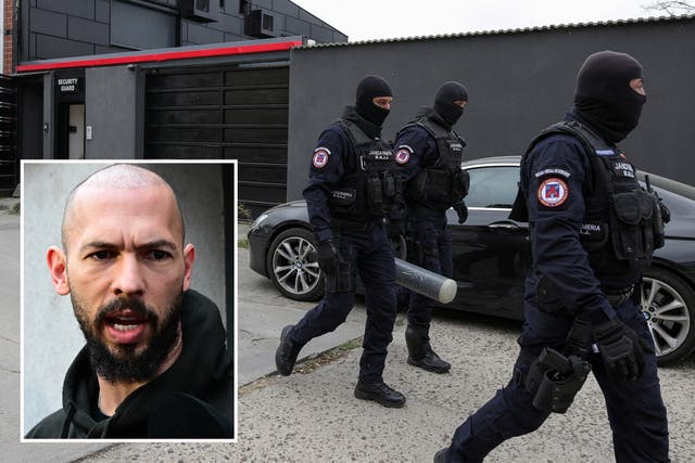 <p>Police officers outside the Tate brothers residence in Pipera, Ilfov, near Bucharest, Romania, on Wednesday </p>