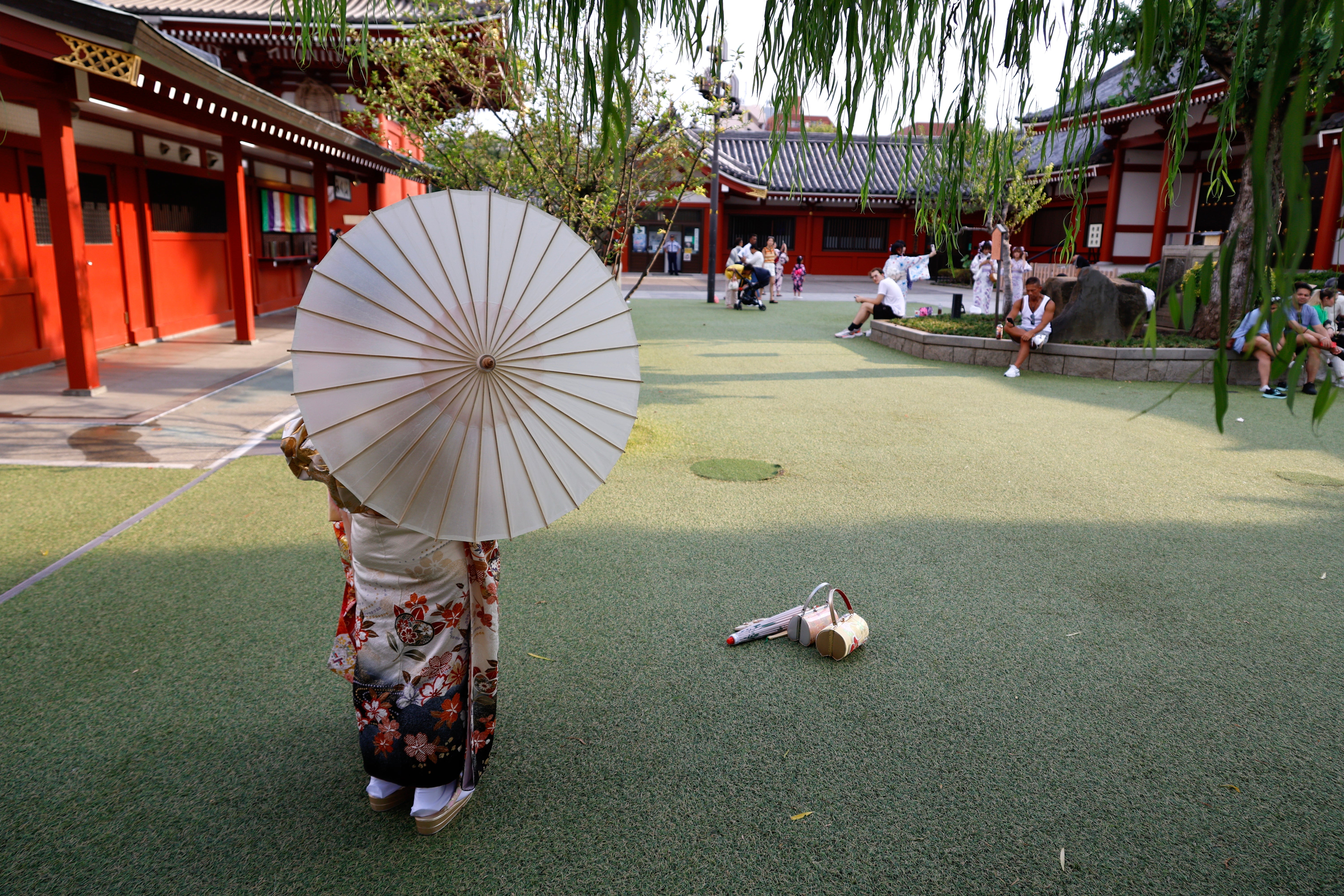 File. A Kimono-clad tourist visits Sensoji Temple at Asakusa district in Tokyo, Japan, 21 August 2024