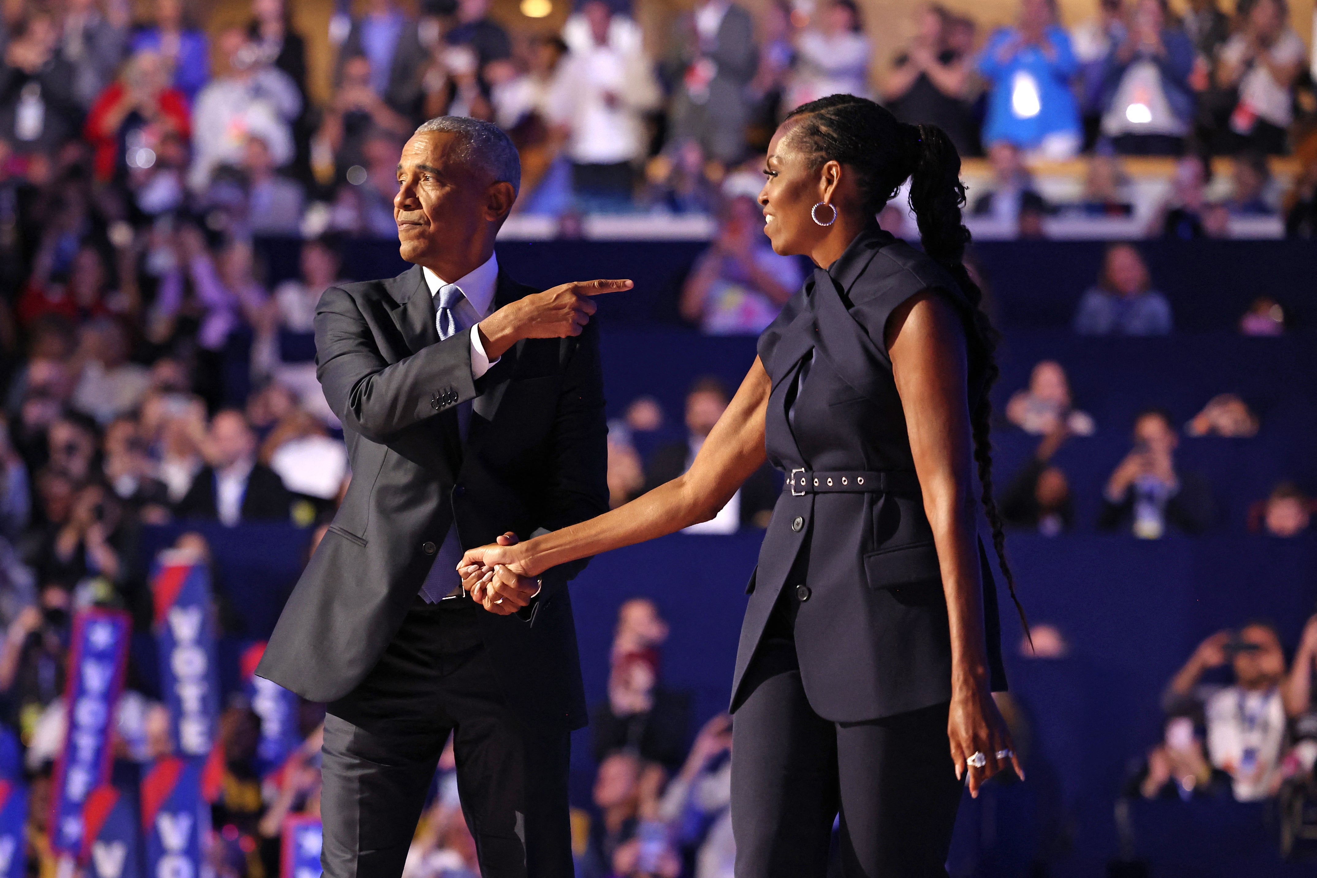 Michelle Obama introduces Barack Obama at the Democratic National Convention in Chicago on Tuesday night