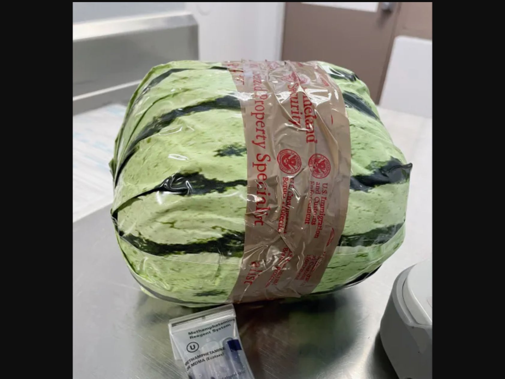 A bag filled with meth that has been disguised as a watermelon. A smuggler attempted to move $5m worth of meth across the Otay Mesa border crossing in Otay Mesa, California