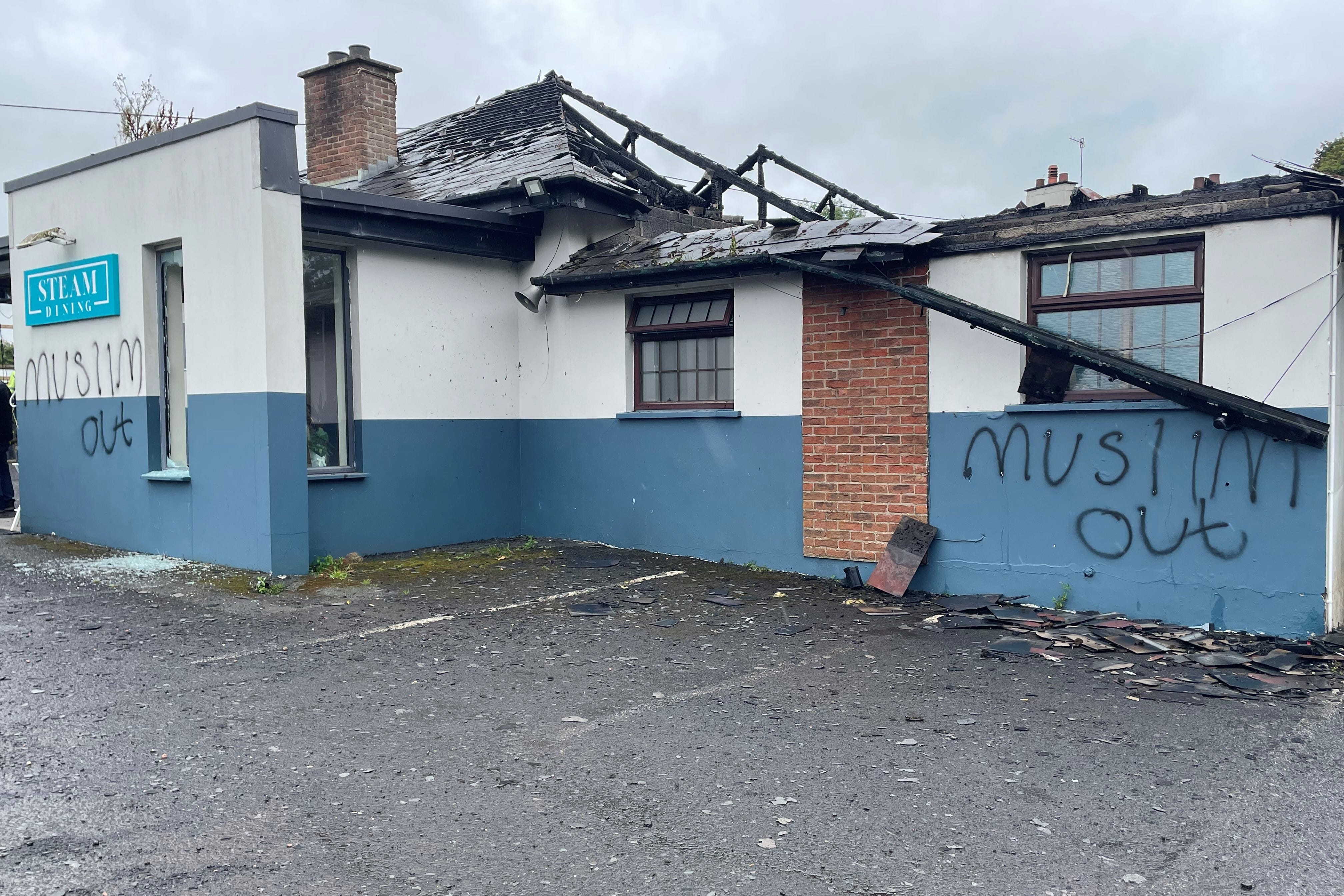 A charred former restaurant in Co Antrim, Newtownabbey (Rebecca Black/PA)