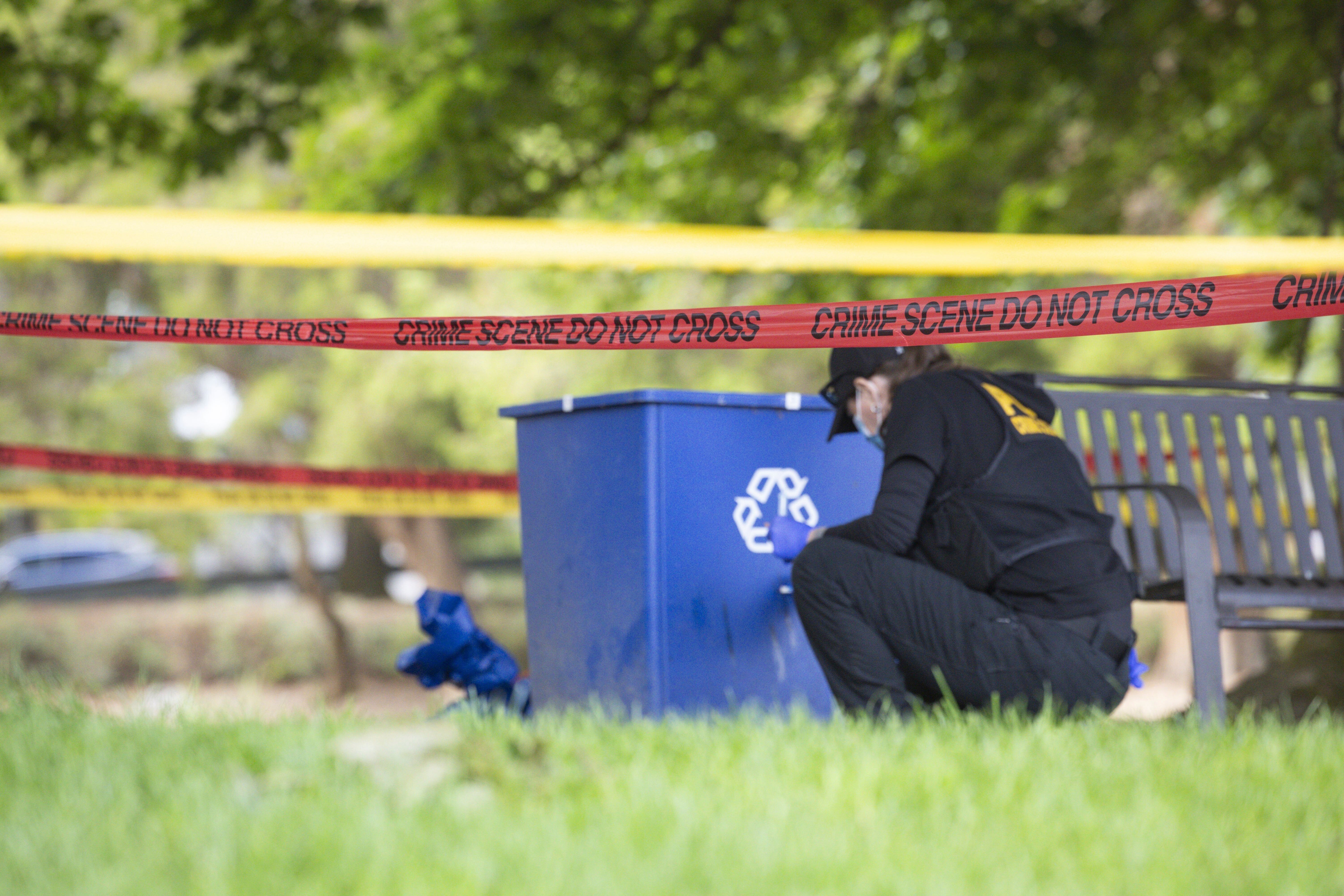 Police investigate the scene where dog walker Ruth Dalton, 80, was reported killed at Brighton Playfield