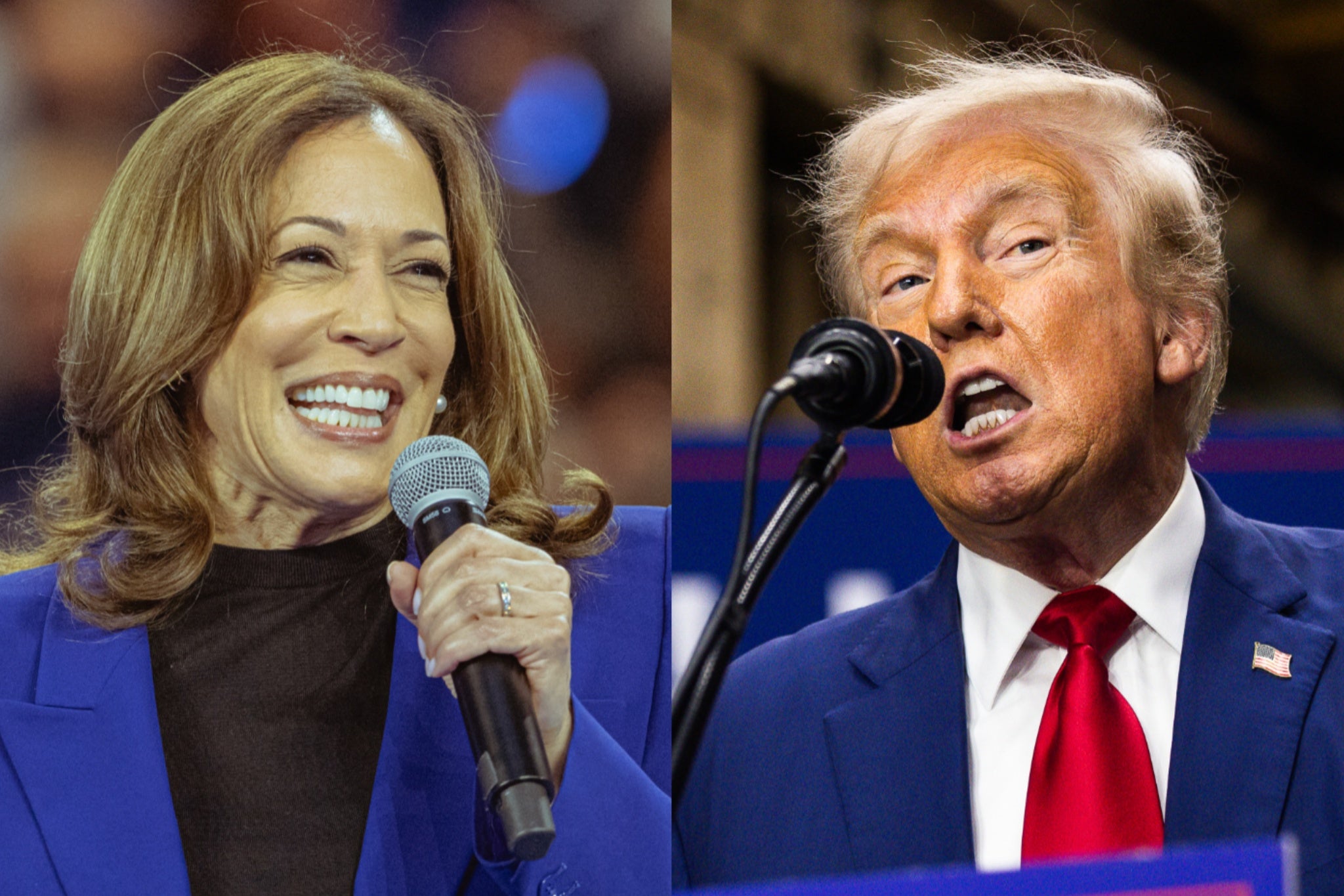 Presidentskandidaten Kamala Harris en Donald Trump pakken de microfoon