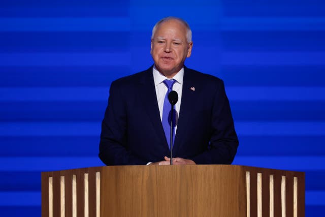 <p>Democratic vice-presidential candidate Tim Walz speaks during the third day of the Democratic National Convention</p>