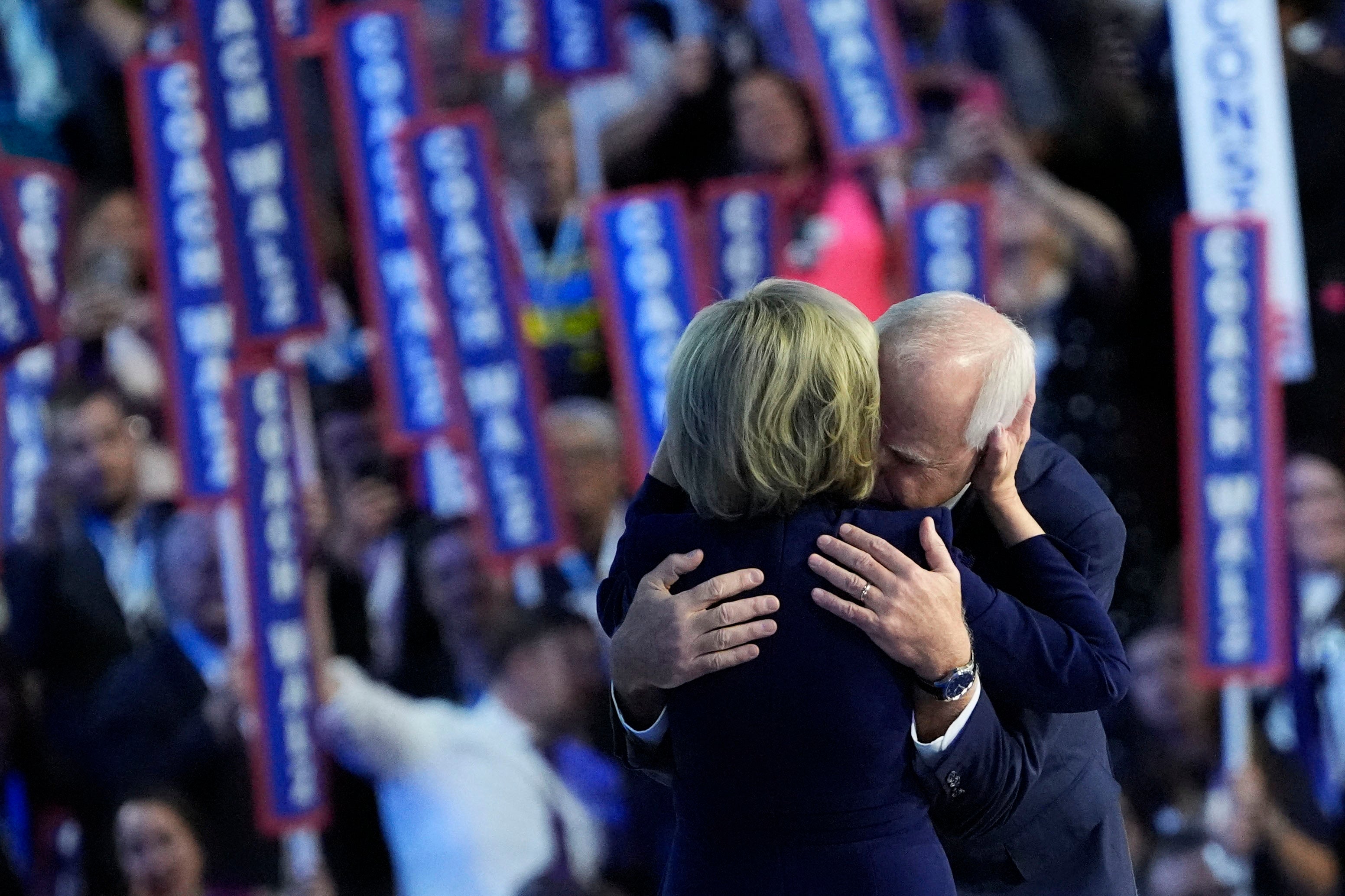 Tim Walz embraces his wife Gwen Walz aafter he accepted the Democratic Party’s vice presidential nomination on August 22.