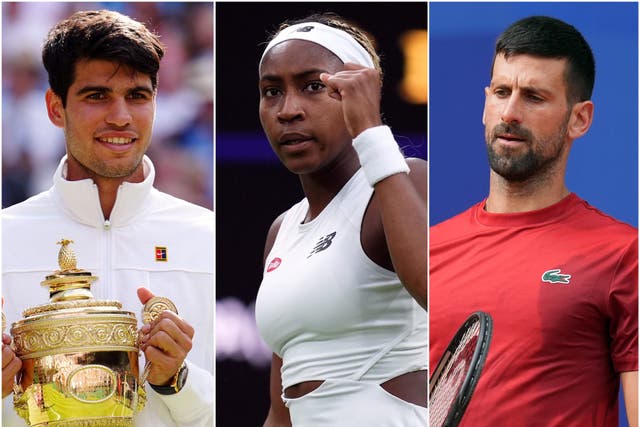 Carlos Alcaraz, Coco Gauff and Novak Djokovic (PA)