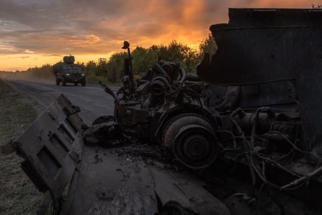 <p>Destroyed military vehicles amid the Ukrainian incursion into Russia </p>