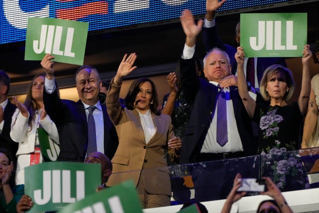 <p>Democratic presidential and vice presidential candidates Kamala Harris and Tim Walz on opening night of DNC </p>
