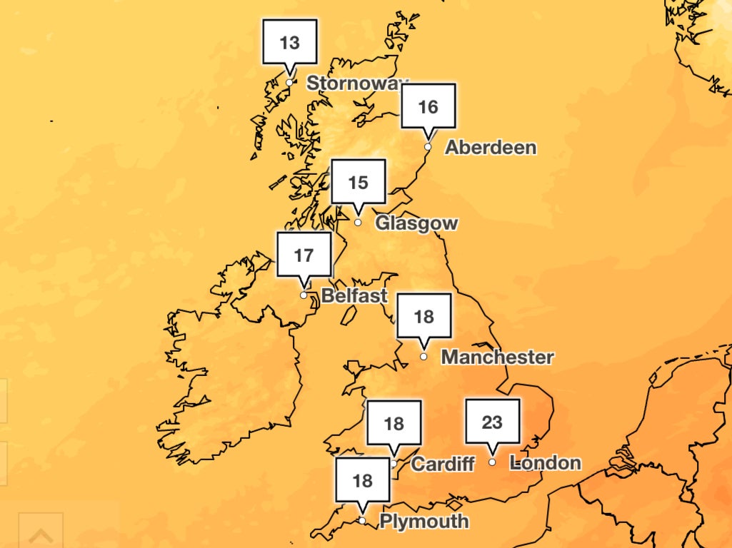 Met Office map forecasts temperatures rising to 23C on Friday