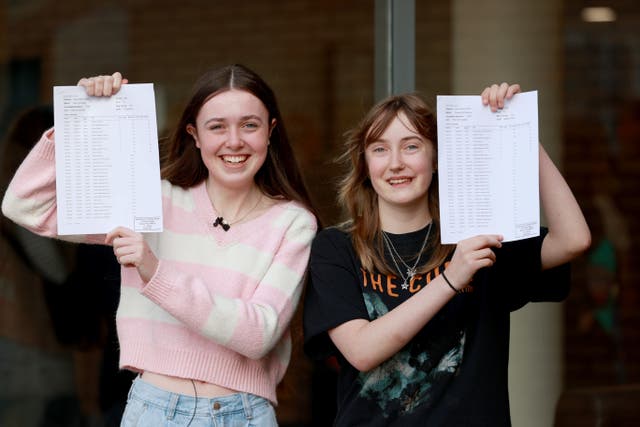 Ava Donnelly and Dulcie Maguire, after receiving their GCSE results at Assumption Grammar School in Ballynahinch (PA)