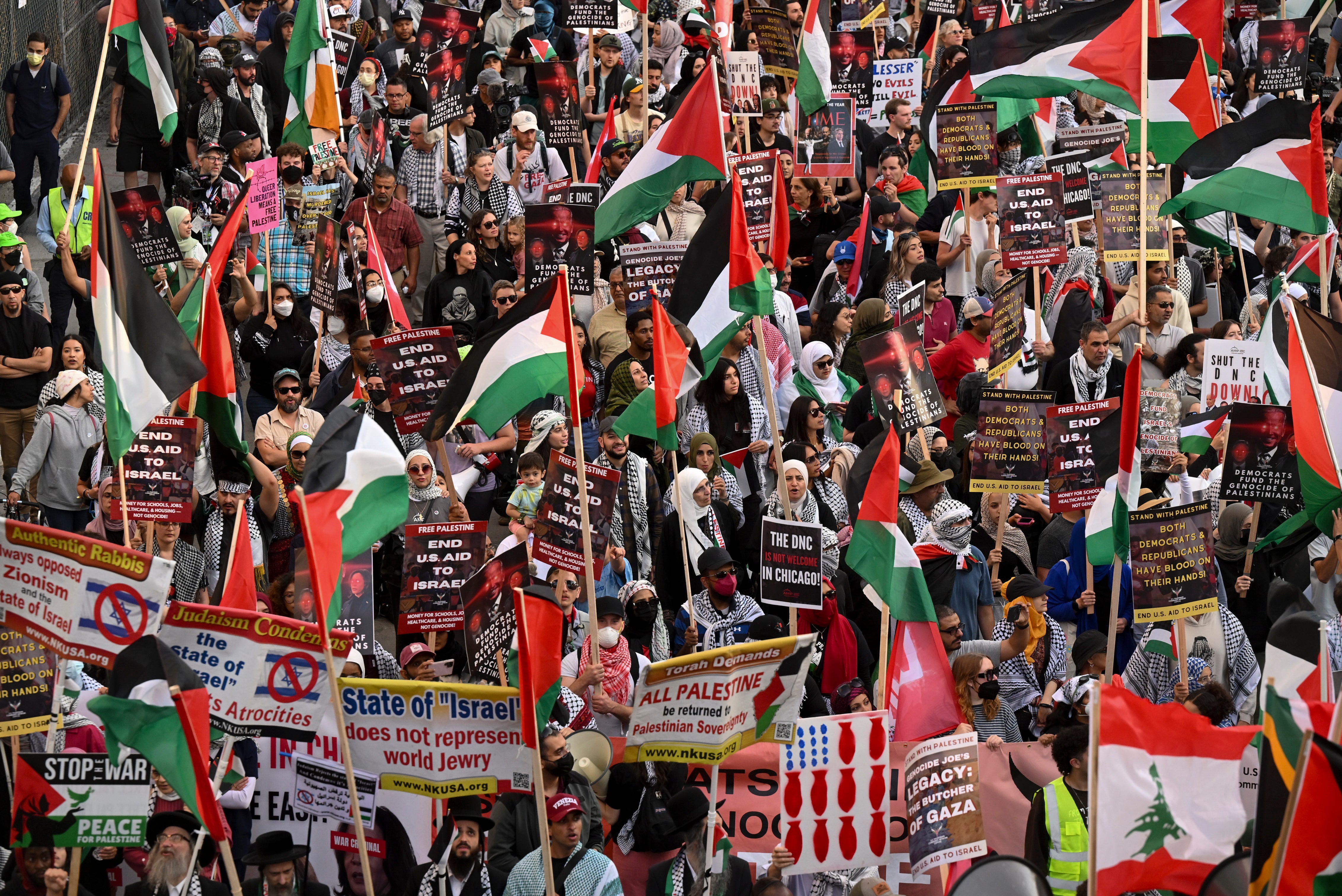 Protesters march during a demonstration outside the Democratic National Convention Wednesday, Aug. 21, 2024, in Chicago.