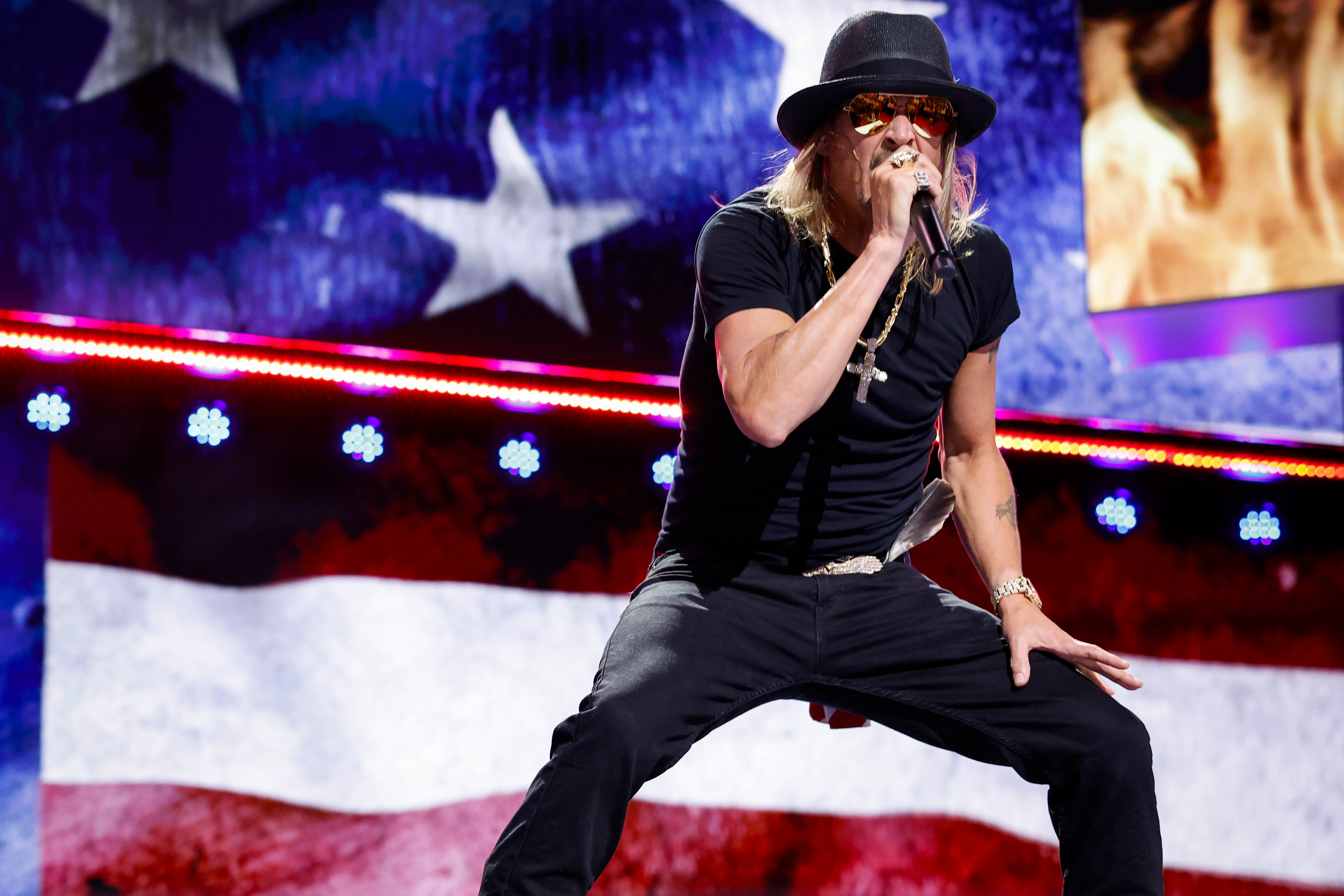 Musician Kid Rock performs on the fourth day of the Republican National Convention at the Fiserv Forum on July 18