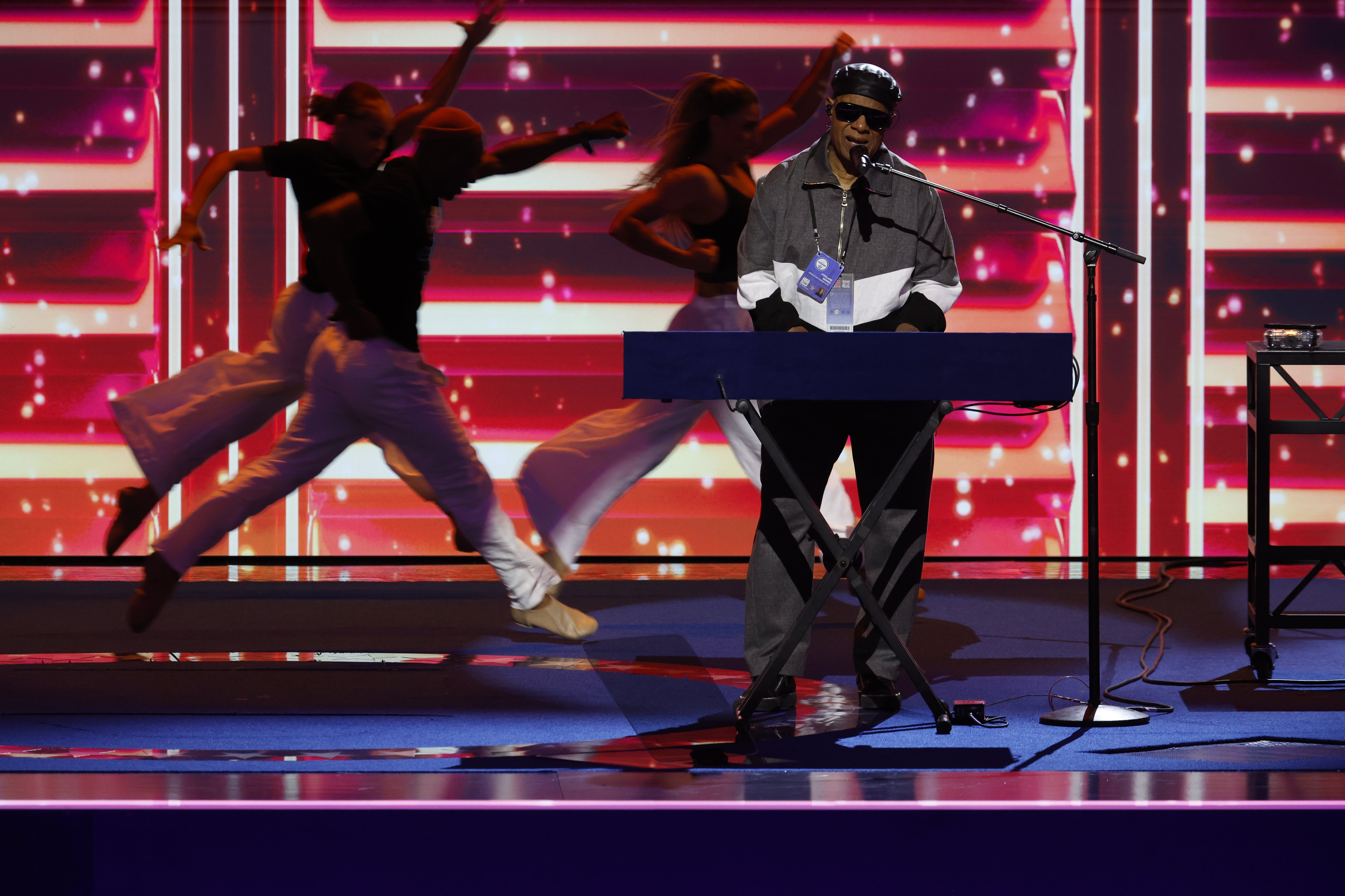 Musician Stevie Wonder rehearses prior to the start of the third day of the Democratic National Convention at the United Center on August 21