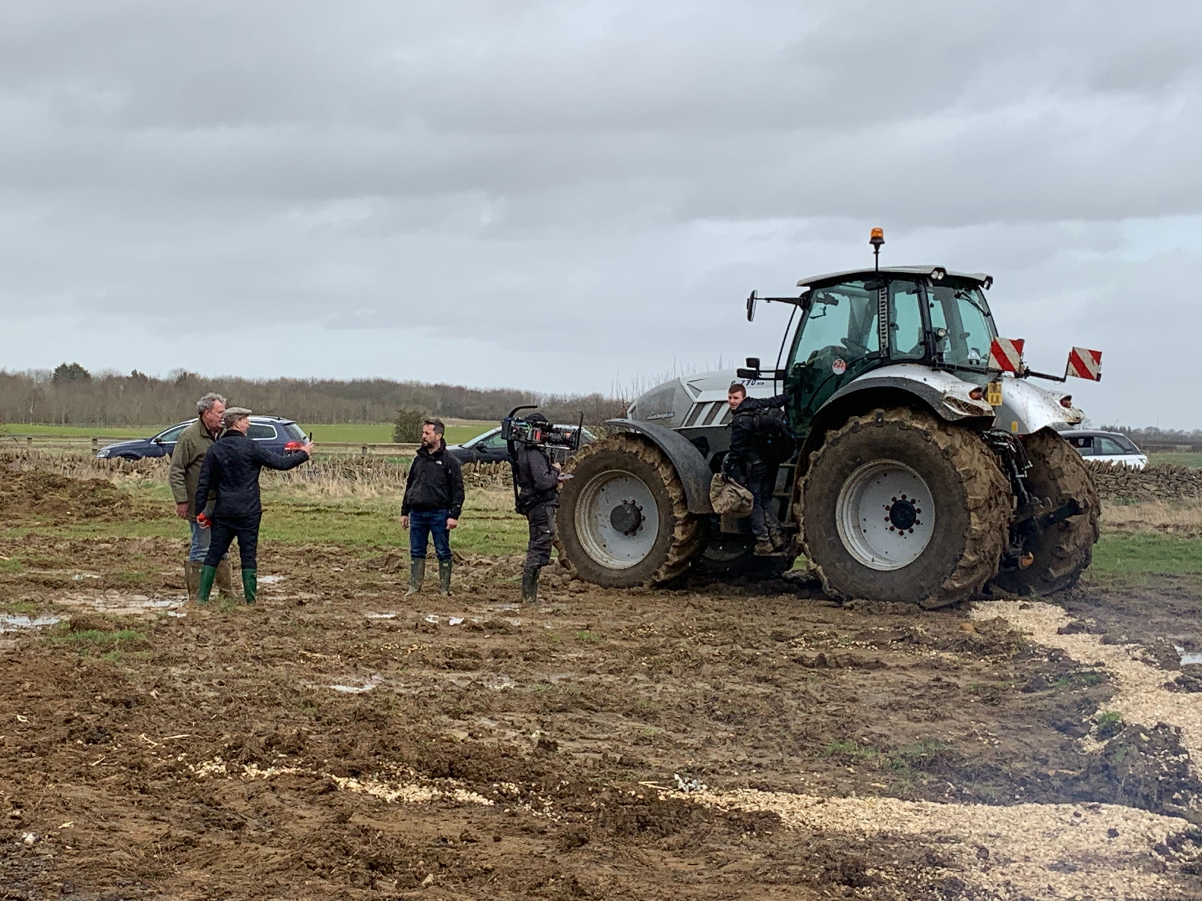 <p>Jeremy Clarkson (left) and a tractor, on Jeremy Clarkson’s farm, Diddly Squat, near Chipping Norton </p>