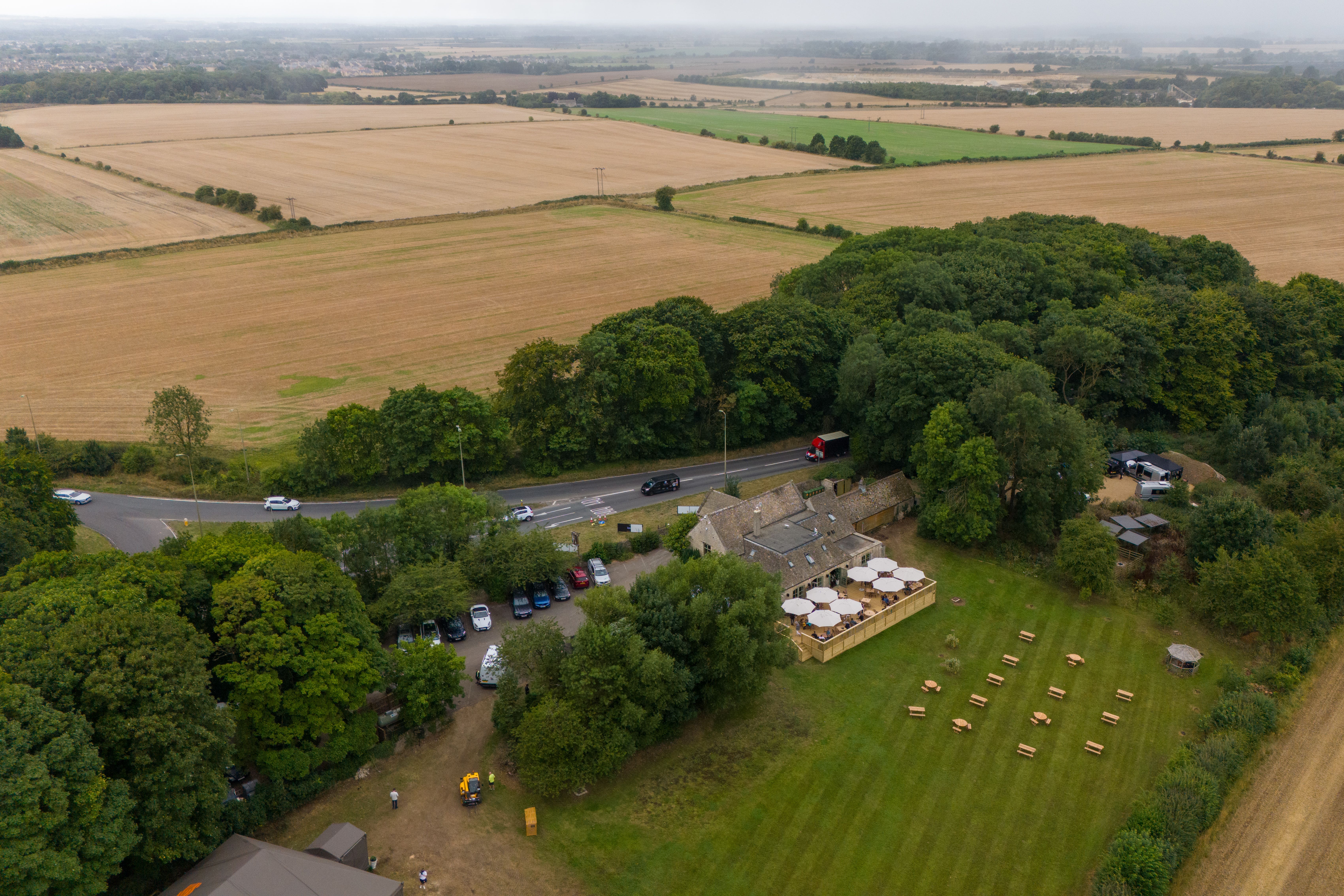 A drone view of Jeremy Clarkson’s new pub, The Farmer’s Dog, near Burford in Oxfordshire, ahead of its expected opening on Friday (Ben Birchall/PA)